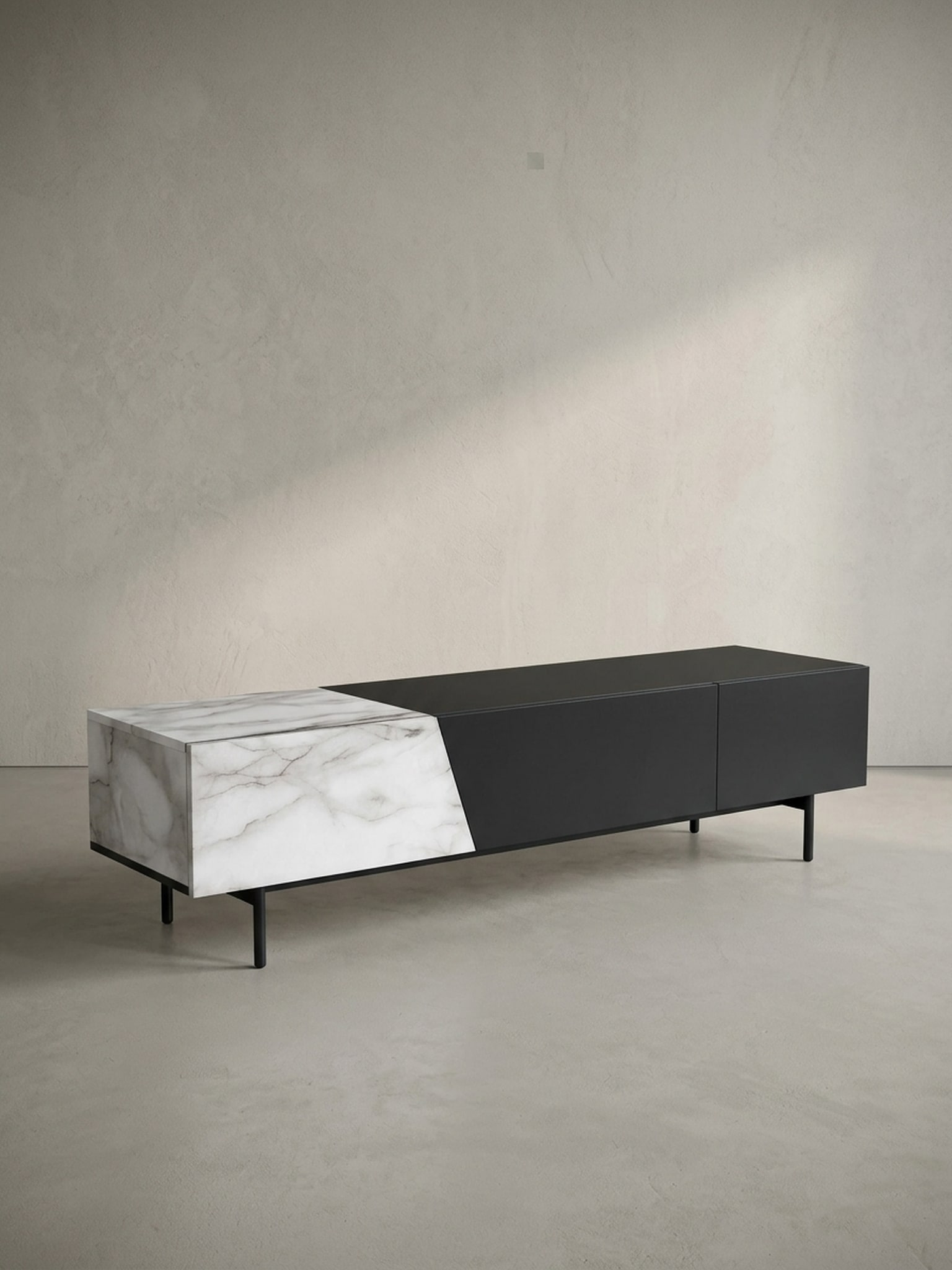 TV-Lowboard mit Eiche-Dekor, T&uuml;ren und Schublade, modern, Wei&szlig;-Schwarz 150x40x40 cm - Bild 1