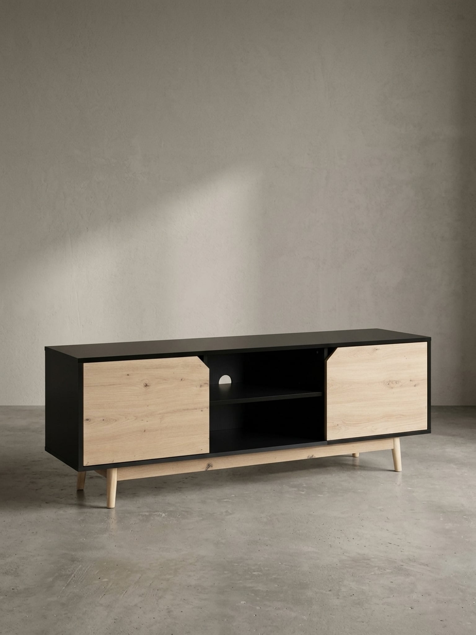 TV-Lowboard mit Eiche-Dekor, 2 T&uuml;ren, modern, Schwarz-Beige 150x40x55 cm - Bild 1