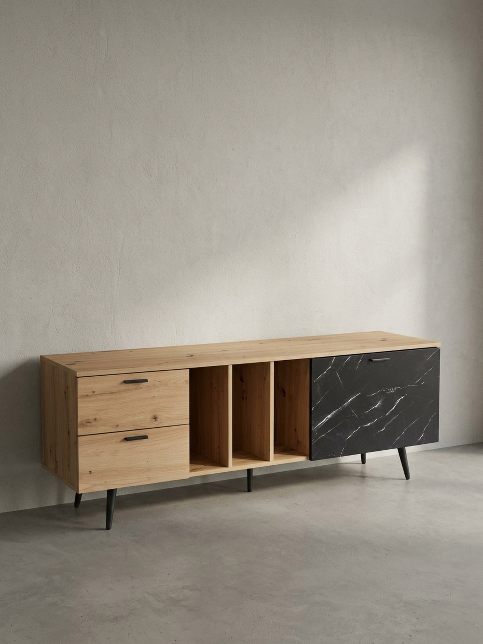 TV-Lowboard mit Eiche-Dekor, T&uuml;r und Schubladen, kompakte Aufteilung, Braun-Schwarz/Marmoroptik 150x40x55 cm - Bild 1