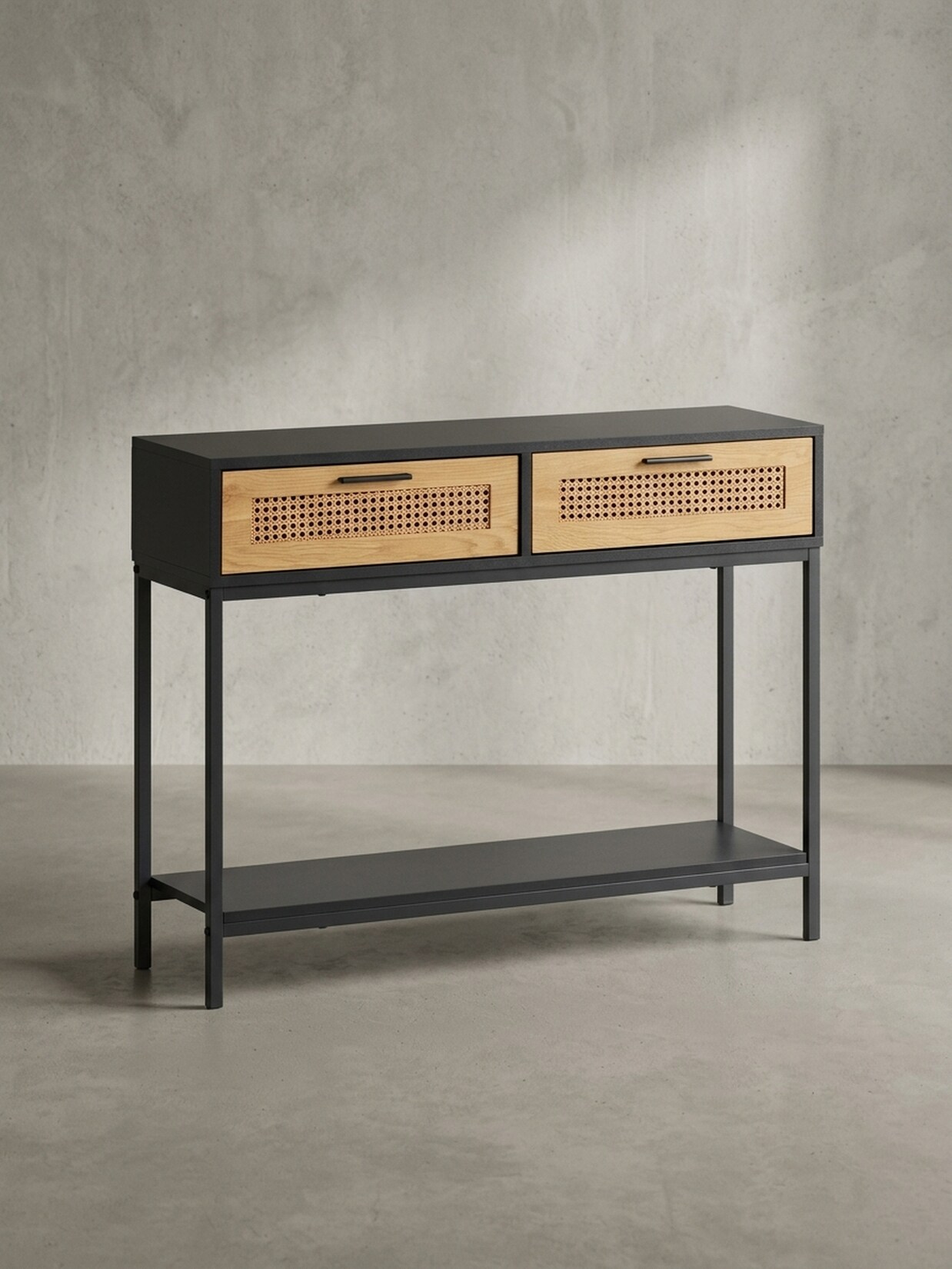 Konsolentisch – Schwarz, 100x30x75 cm, mit Wiener Geflecht, Schubladen und Ablage