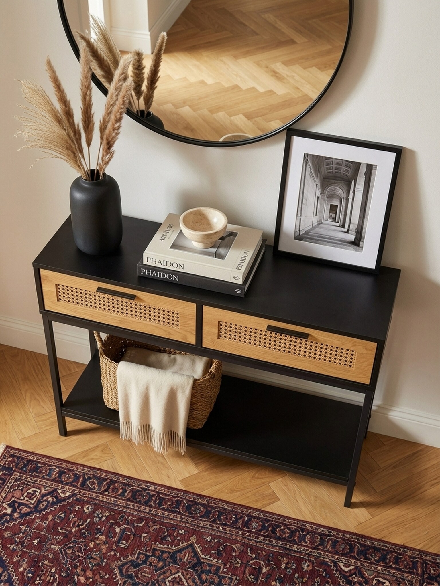 Konsolentisch – Schwarz, 100x30x75 cm, mit Wiener Geflecht, Schubladen und Ablage online kaufen bei Netto