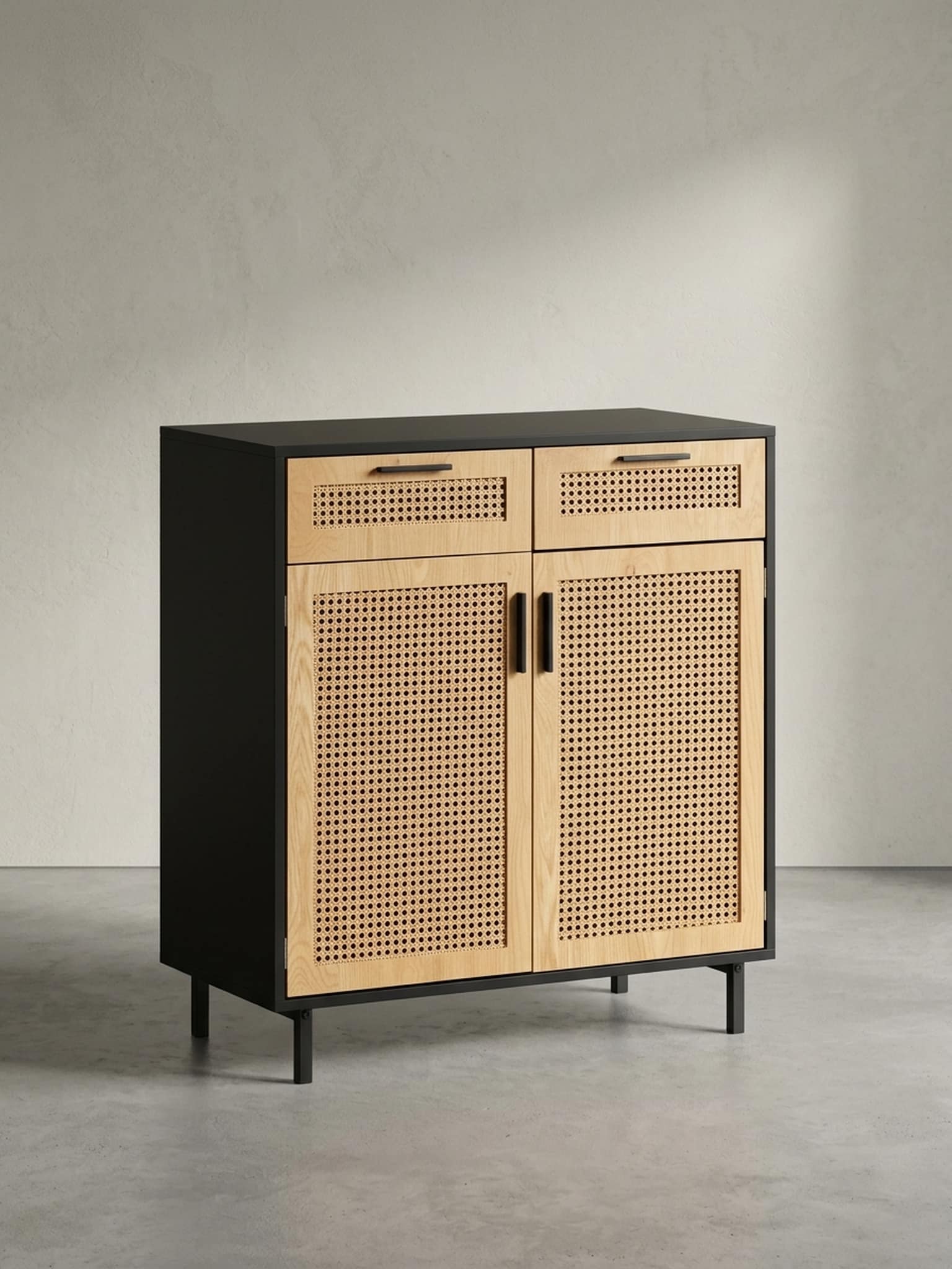 Sideboard &ndash; Schwarz, 80x86,5x40&nbsp;cm, mit Wiener Geflecht, 2 T&uuml;ren, Schubladen, hoch - Bild 1