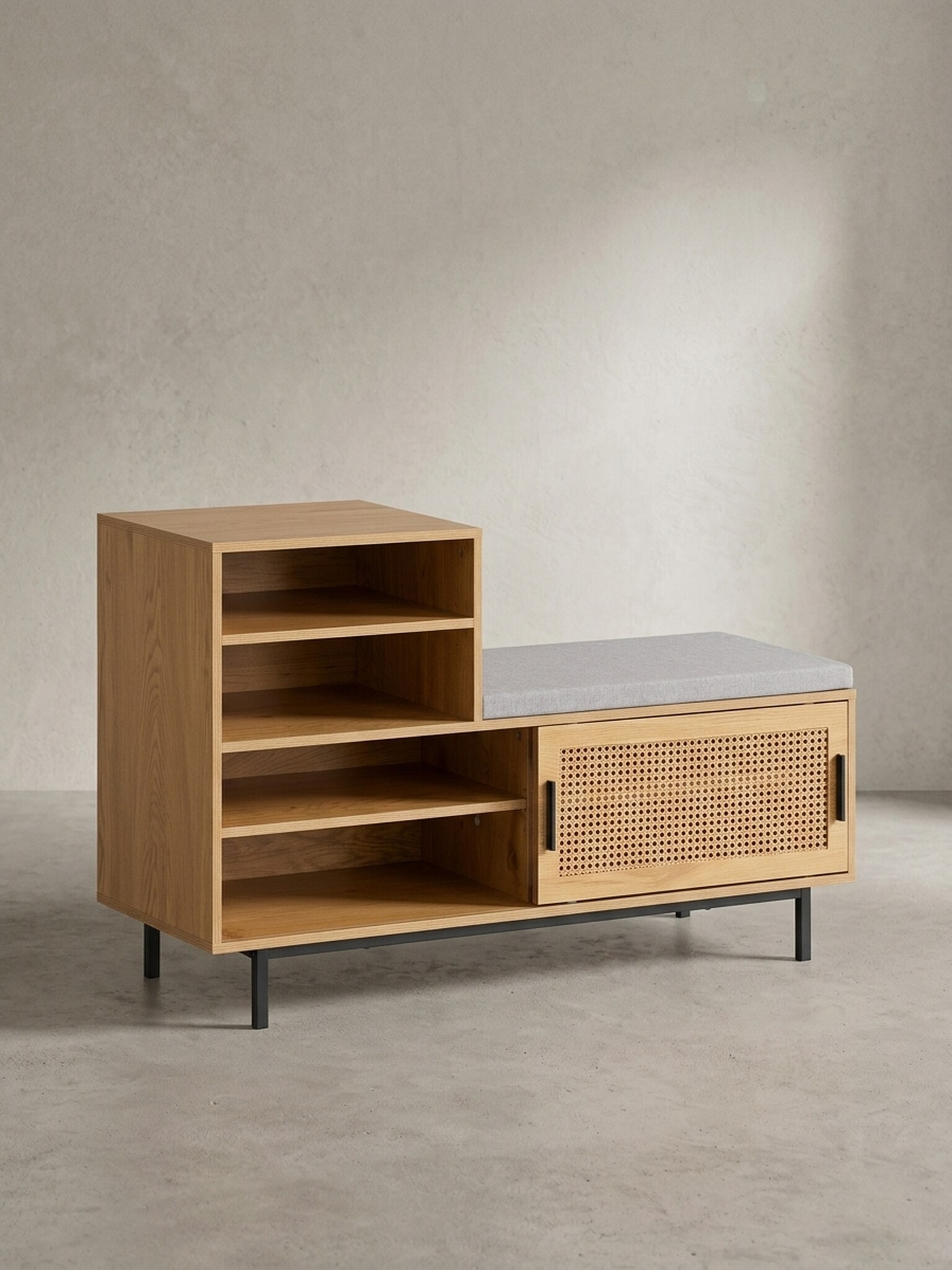 Schuhbank &ndash; Eiche-Dekor, 120x75,5x40 cm, Rattan-Elemente, Sitzbank gepolstert - Bild 1