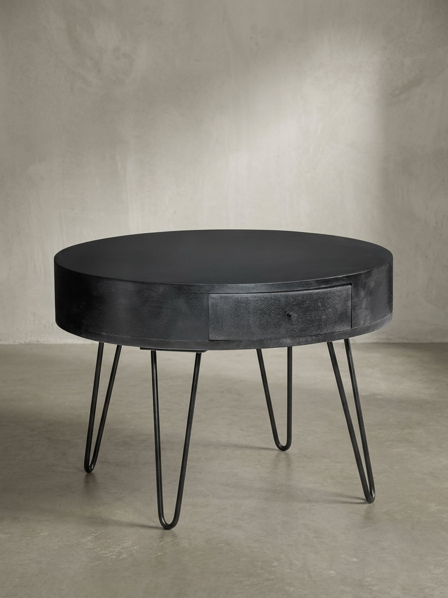 Couchtisch Rund Mango Massivholz Metall, 60x60x43 cm, mit Schublade, Stauraum und Haarnadelbeinen - Bild 1