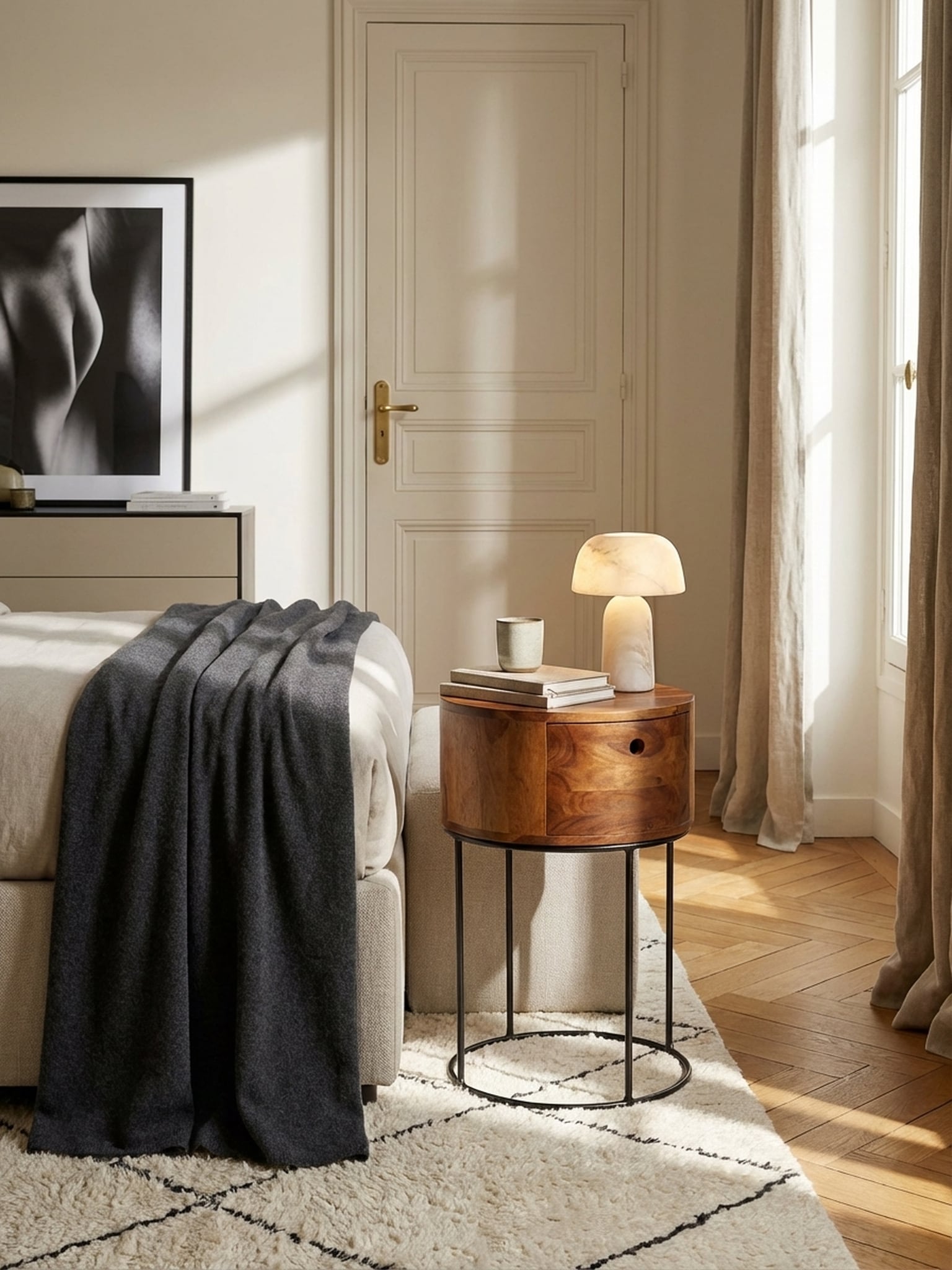 Nachttisch Mango Massivholz Metall Rund Schublade Stauraum, Dunkelbraun 40x40x60 cm - Bild 1