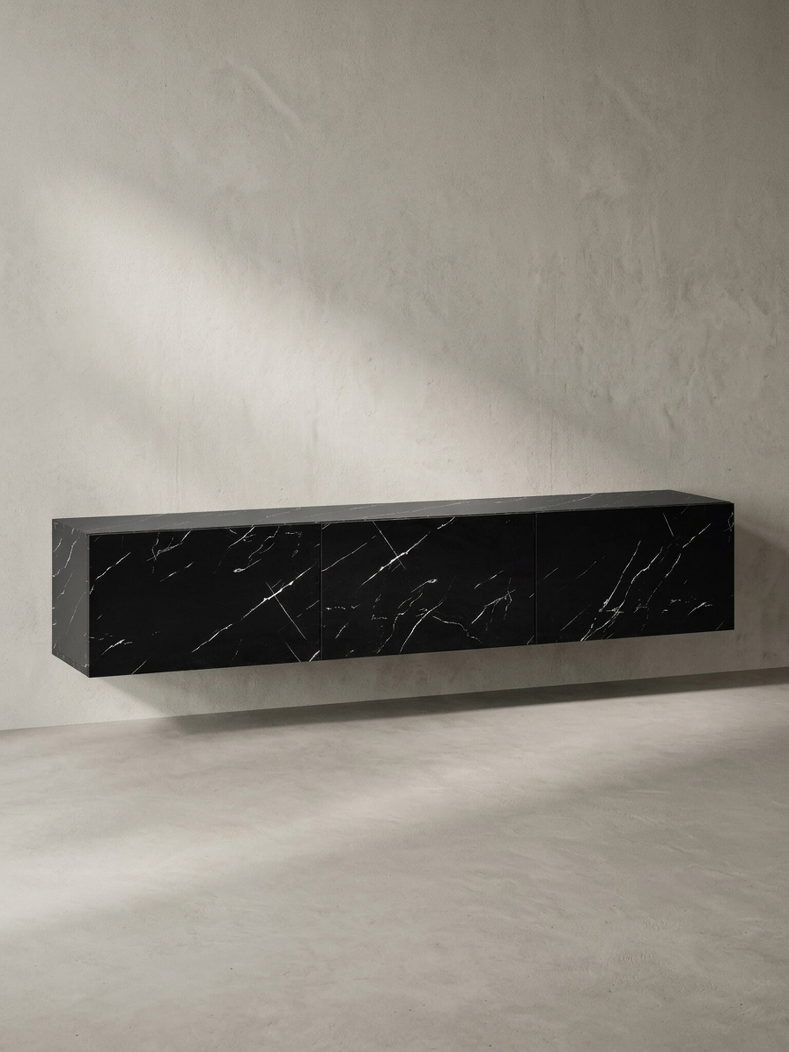 TV-Lowboard h&auml;ngend gro&szlig;, Marmor-Optik, Klappt&uuml;ren, modern, Schwarz 160x30x30 cm - Bild 1