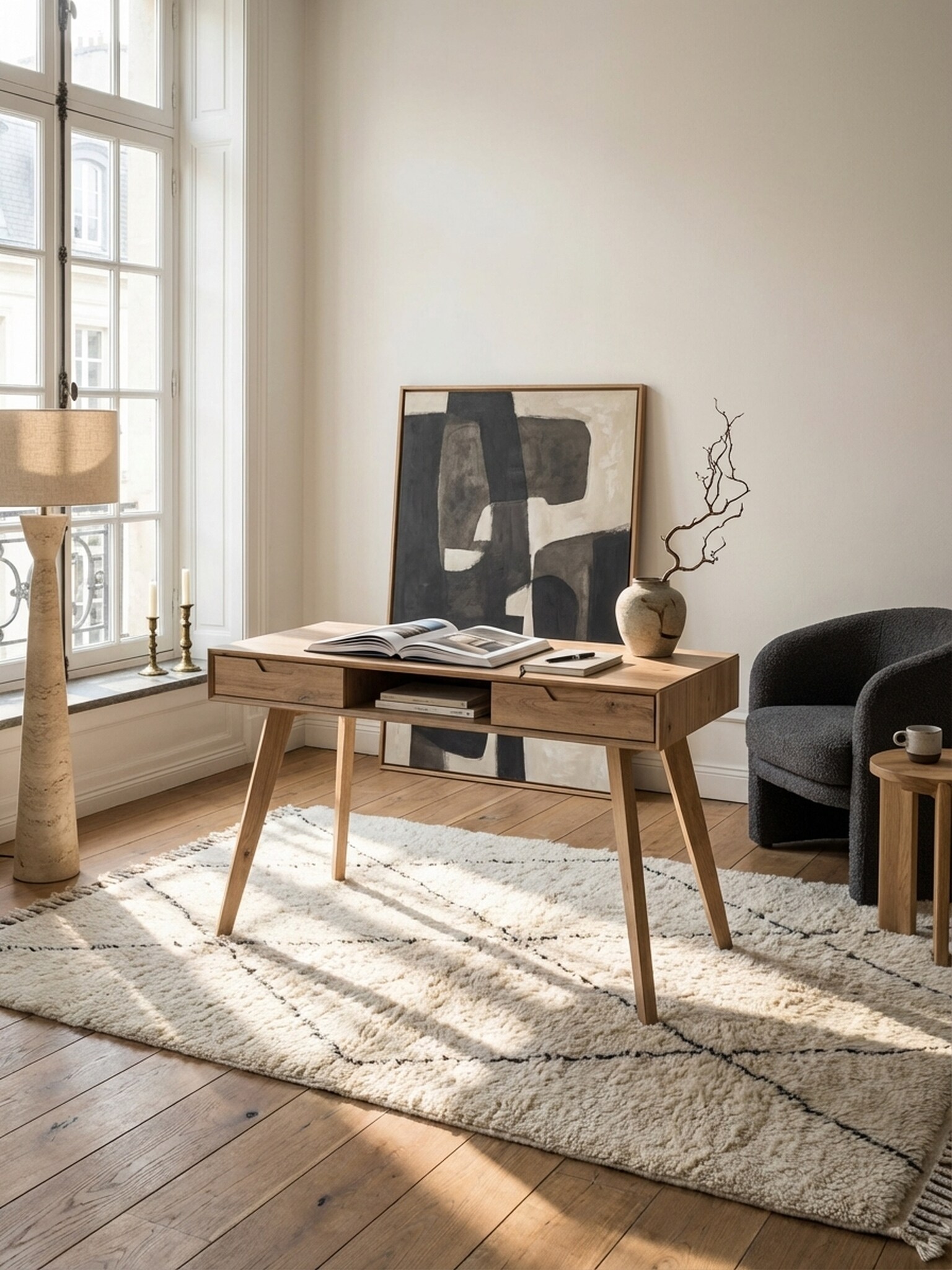 Schreibtisch &ndash; Eiche-Dekor, 120x55x77 cm, Stauraum, Skandinavischer Stil, Massivholzbeine - Bild 1