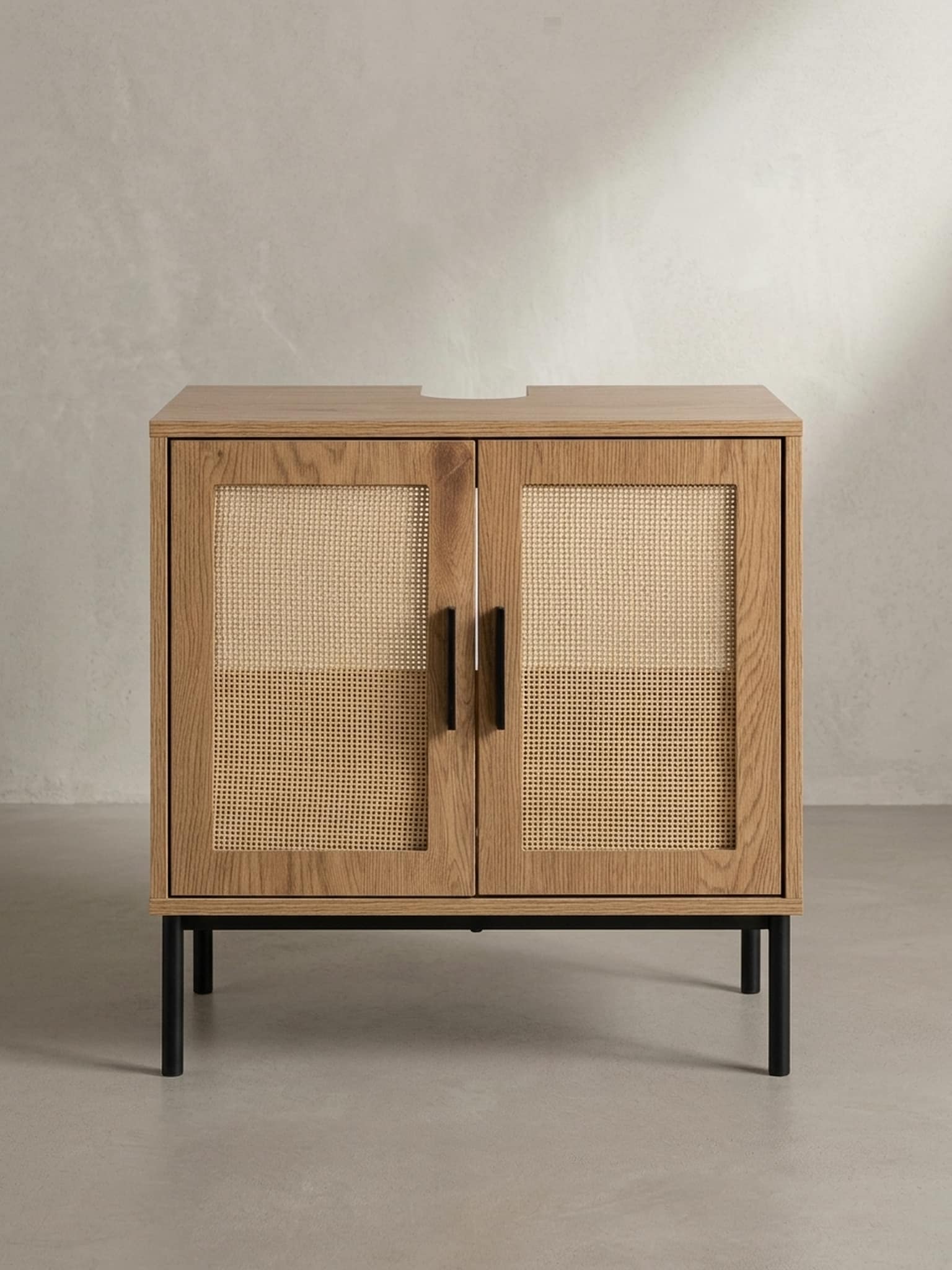 Waschbeckenunterschrank Eiche-Optik 60x60x40&nbsp;cm mit T&uuml;ren und Rattangeflecht - Bild 1