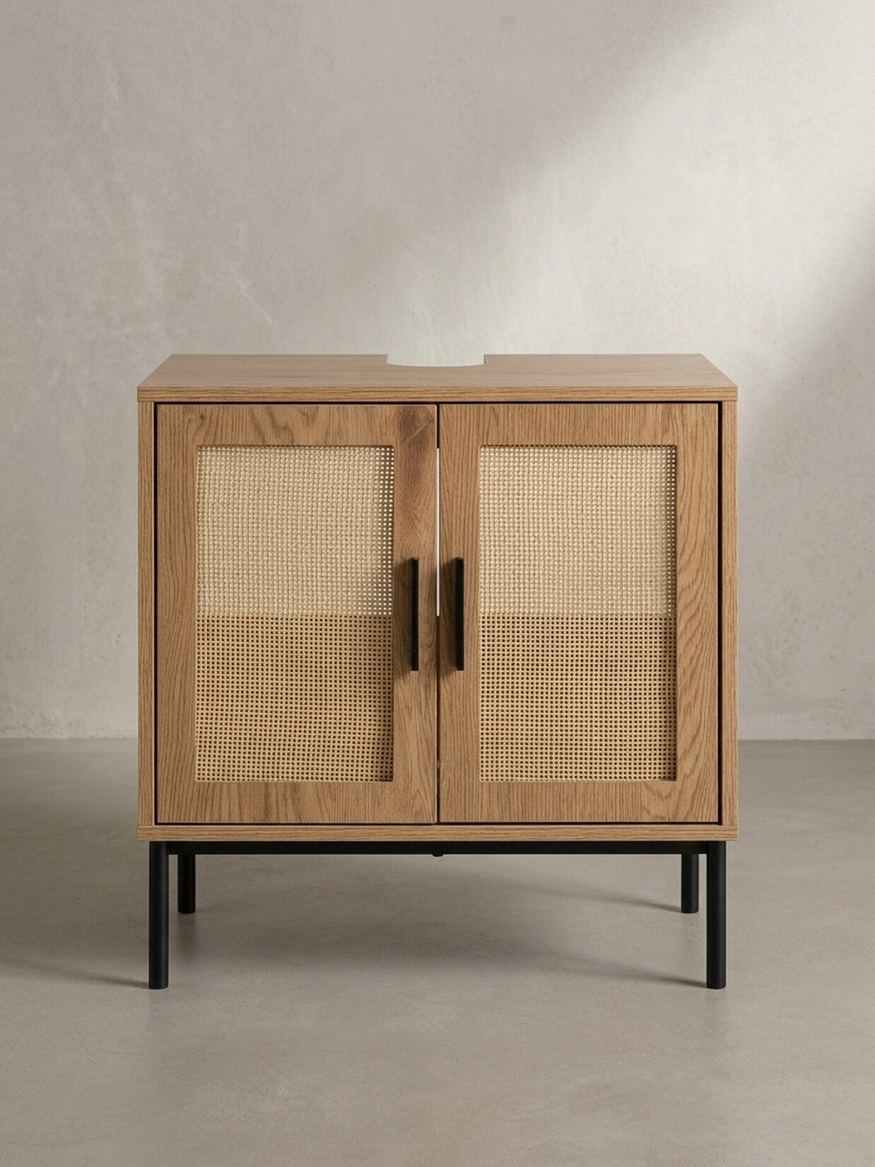 Waschbeckenunterschrank Eiche-Optik 60x60x40 cm mit Türen und Rattangeflecht