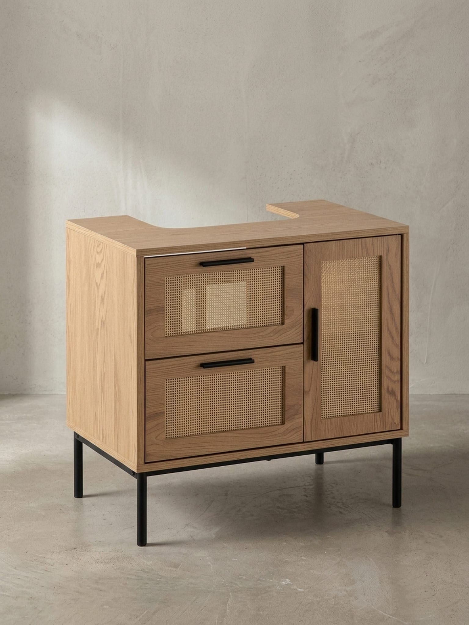Waschbeckenunterschrank Eiche-Optik 60x60x40&nbsp;cm mit T&uuml;r, Schubladen und Rattangeflecht - Bild 1