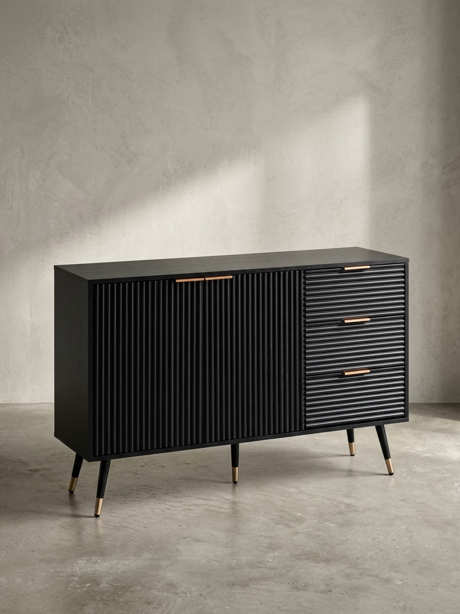 Sideboard &ndash; Schwarz/Eiche-Dekor, 120x80x40&nbsp;cm, mit T&uuml;ren und Schubladen, Metallbeine - Bild 1