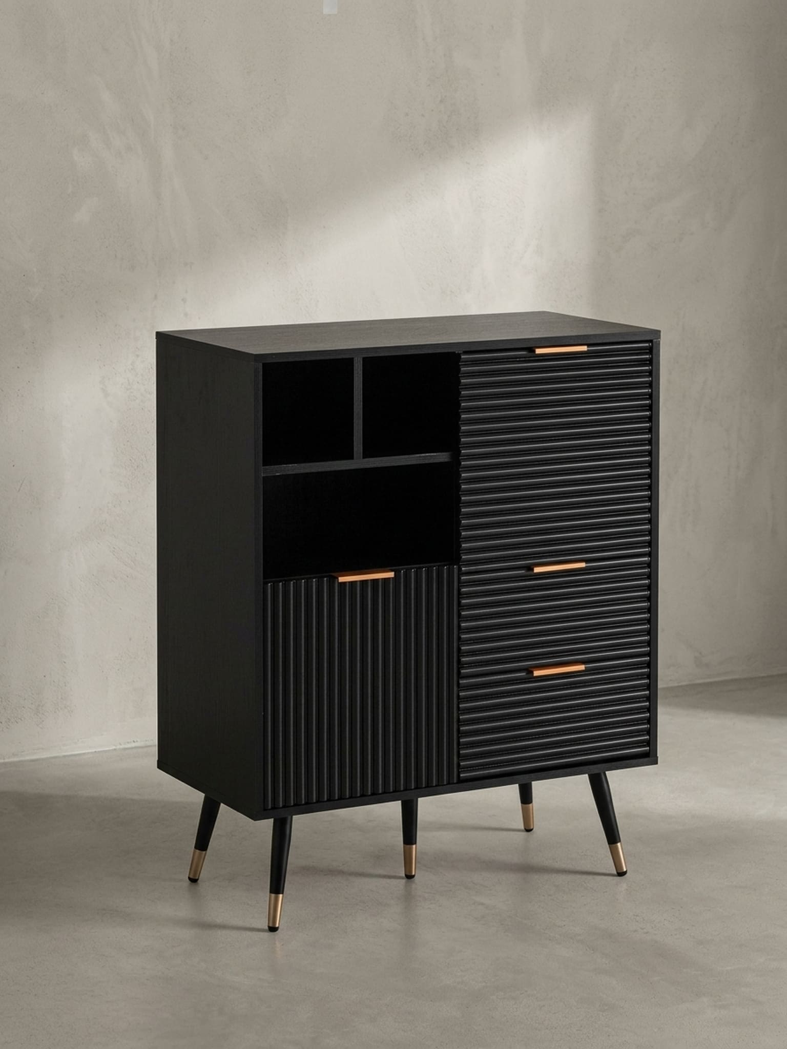 Sideboard &ndash; Schwarz/Eiche-Dekor, 77x97x40&nbsp;cm, mit T&uuml;ren, Schubladen, Regal, Metallbeine - Bild 1