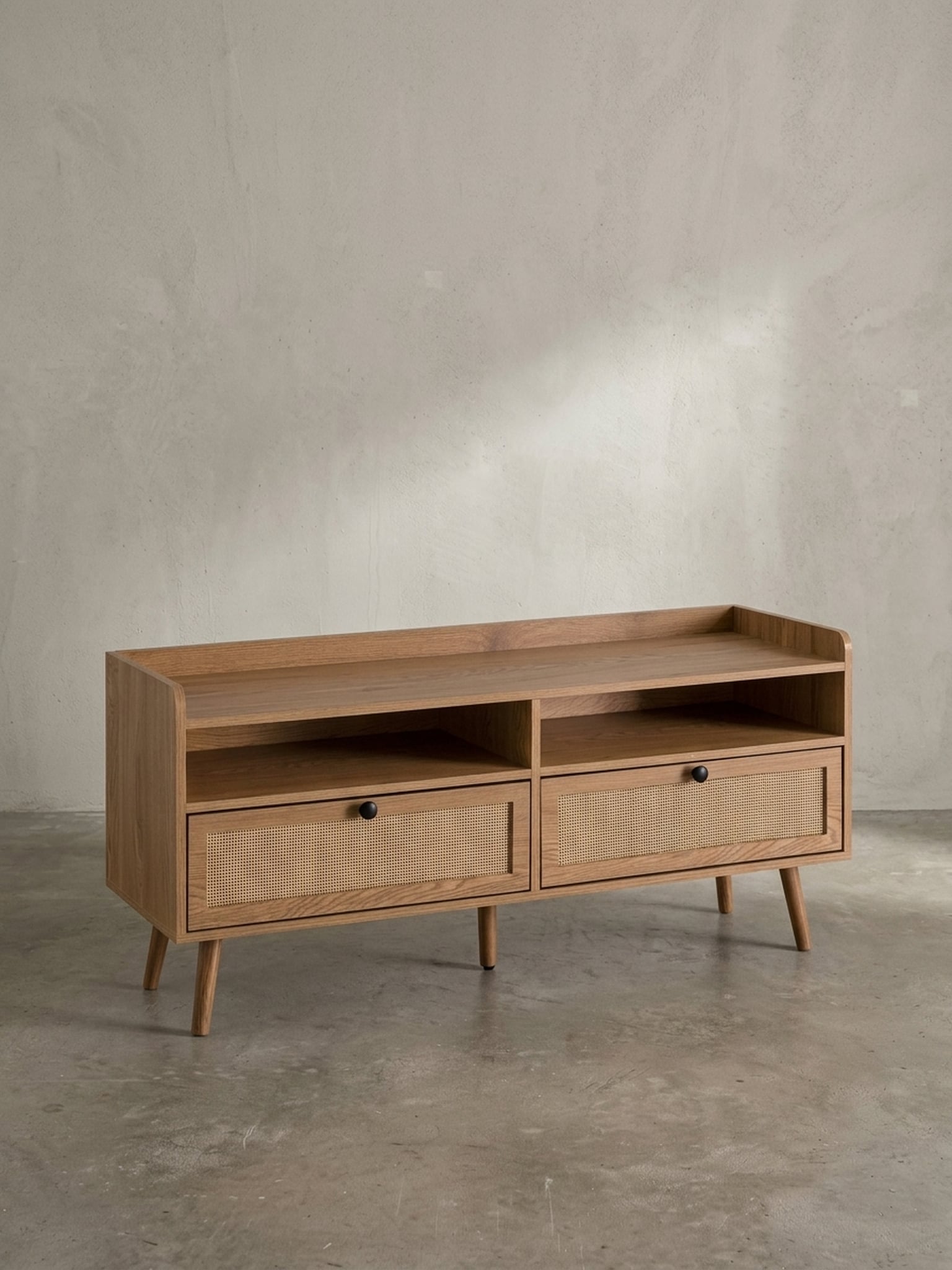 Lowboard Eiche-Dekor Rattan Modern Stil 120x56x39 cm mit Schubladen - Bild 1