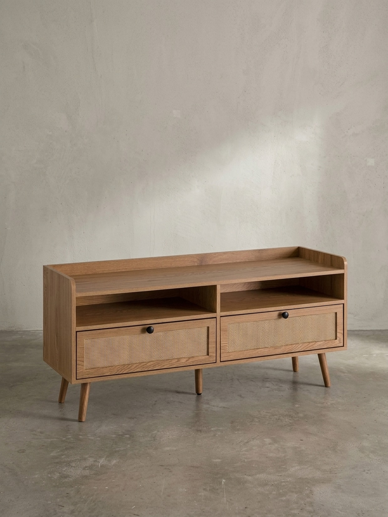 Lowboard Eiche-Dekor Rattan Modern Stil 120x56x39 cm mit Schubladen