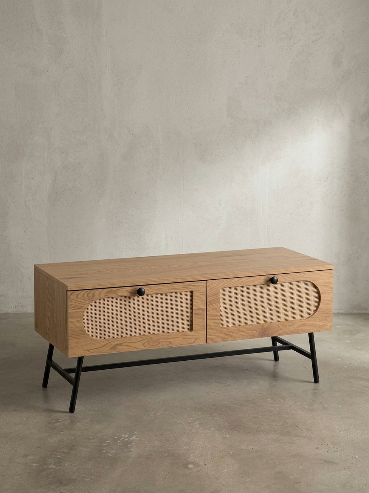 Lowboard Eiche-Dekor Rattan Modern Stil 100x45x40 cm mit Schubladen