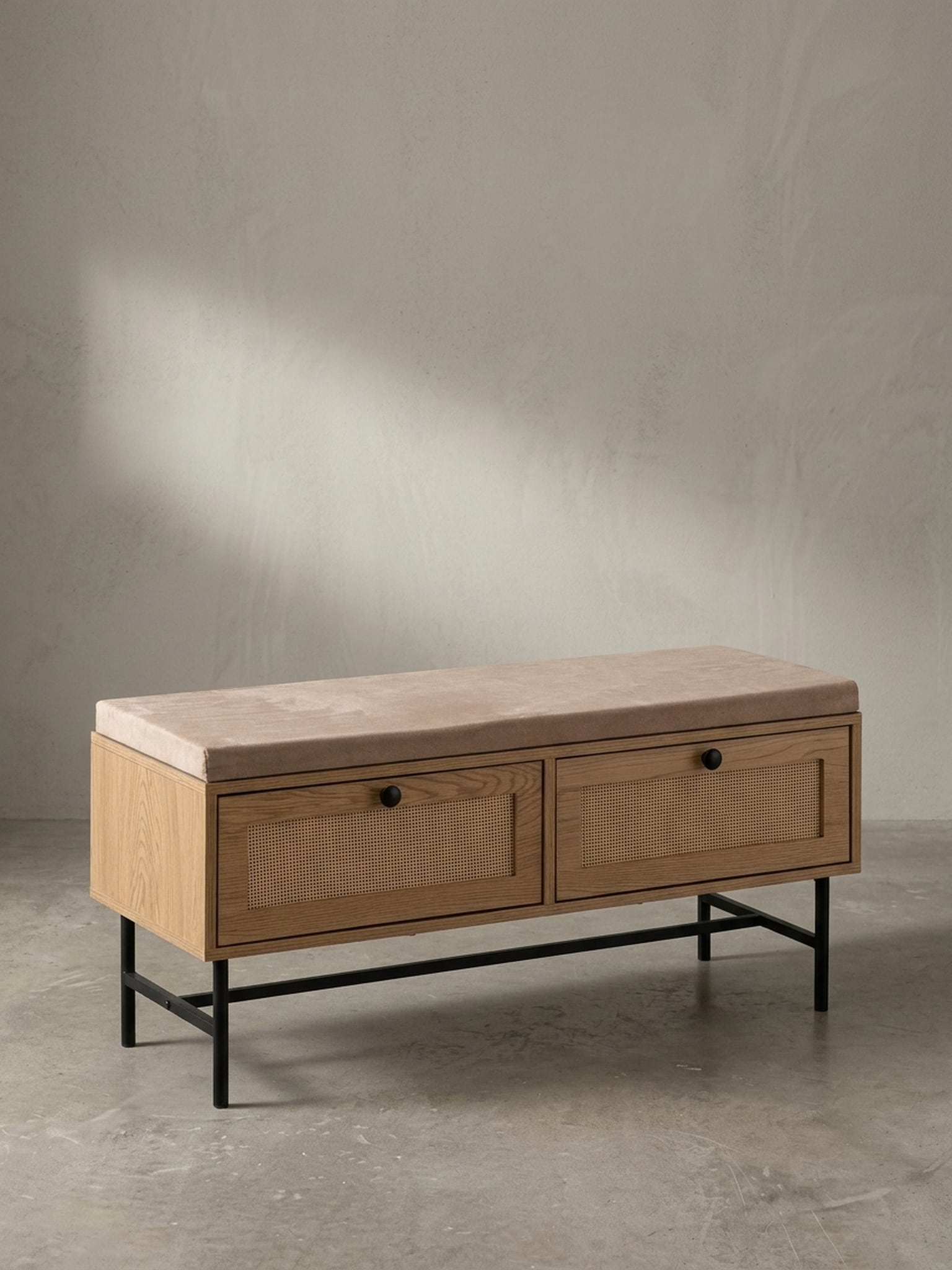 Schuhbank &ndash; 100x48x38 cm, Eiche-Dekor, Sitzfl&auml;che Stoff, mit Schubladen - Bild 1