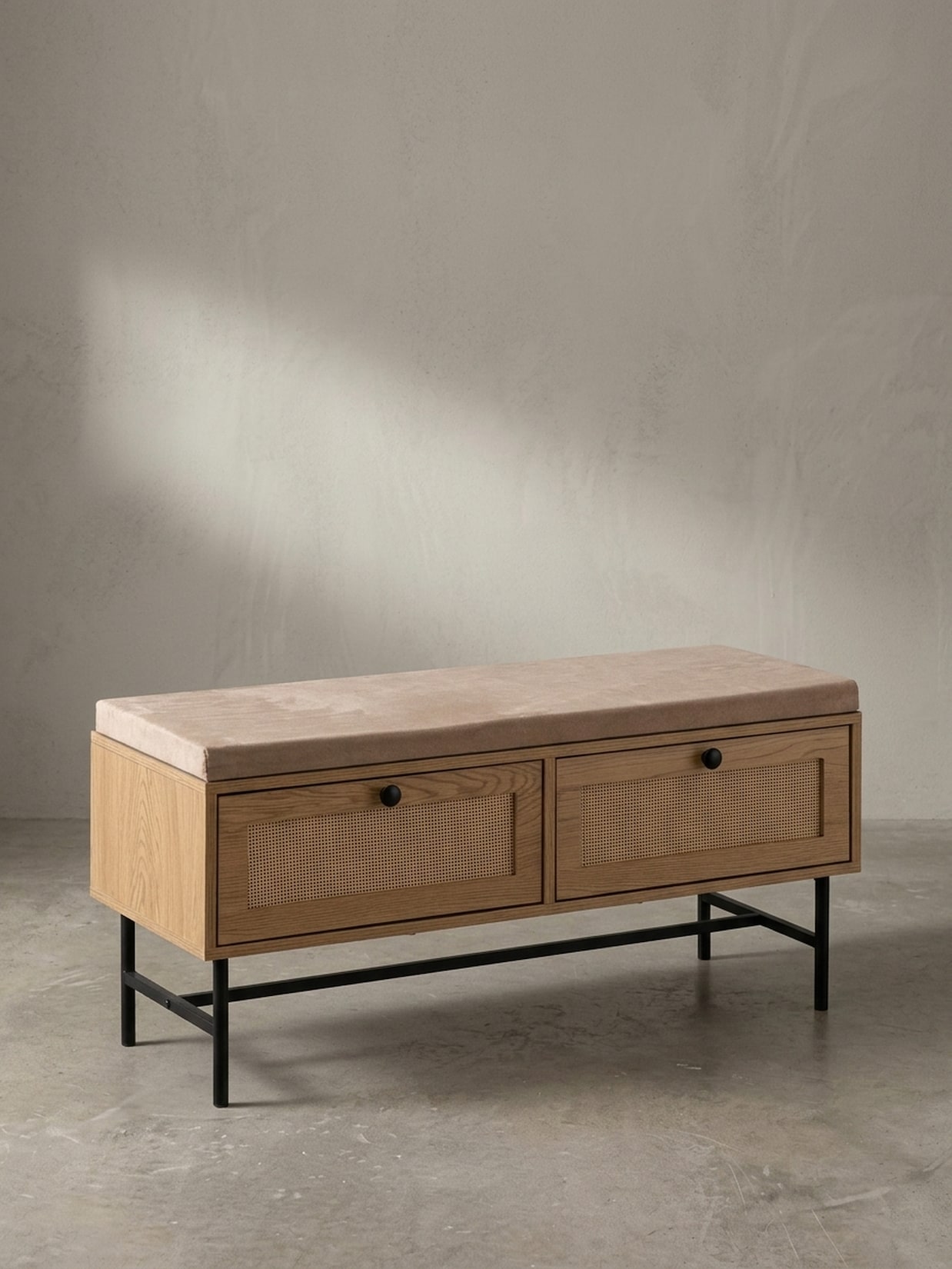 Schuhbank – 100x48x38 cm, Eiche-Dekor, Sitzfläche Stoff, mit Schubladen