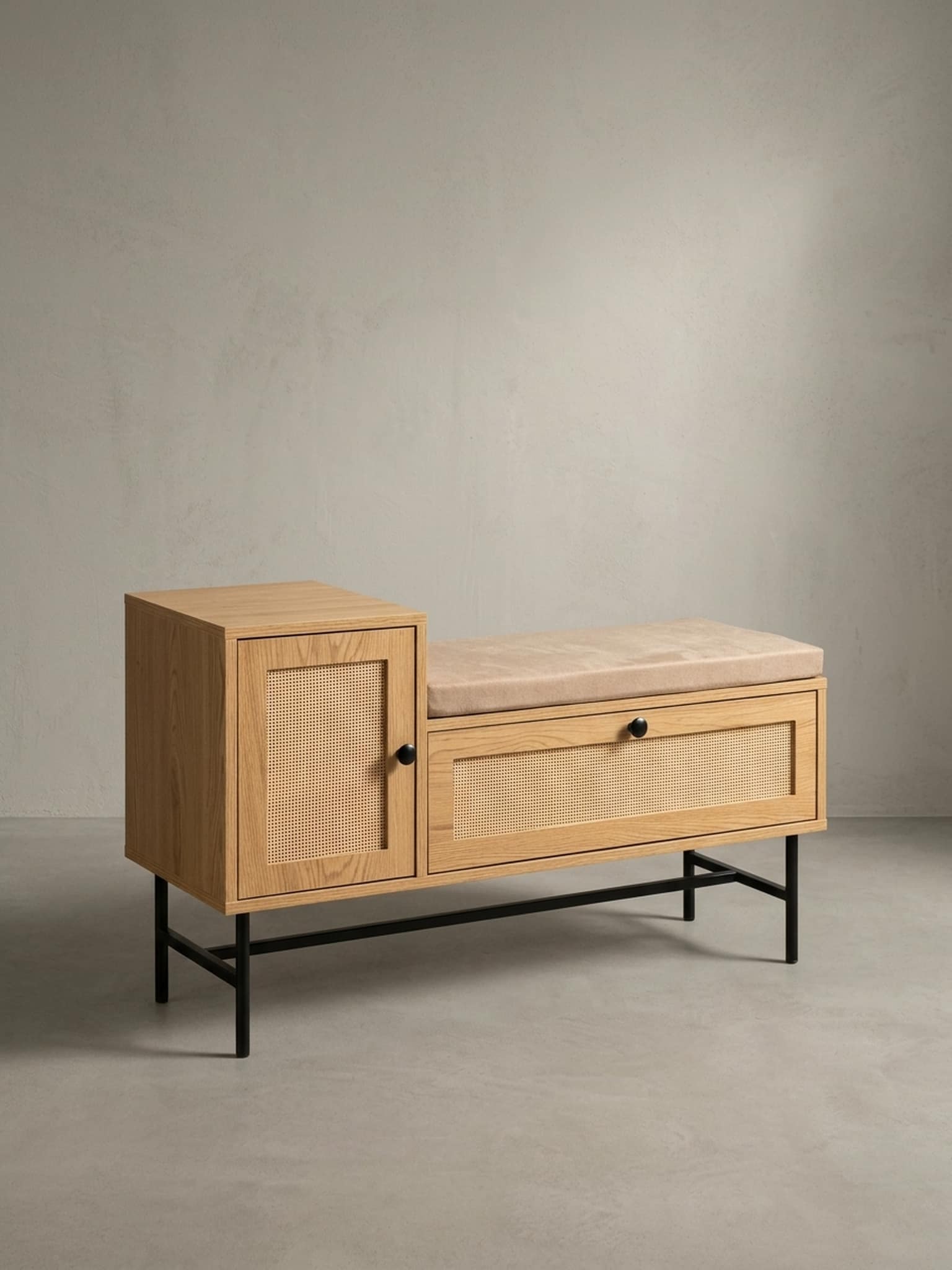Schuhbank &ndash; Eiche-Dekor, 100x60x38 cm, Rattan-Elemente, gepolstert, mit Stauraum - Bild 1