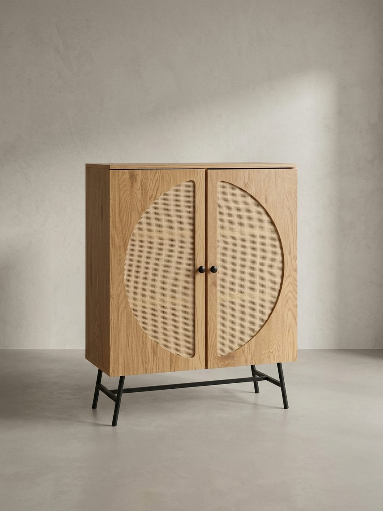 Sideboard – Eiche-Dekor/Rattan, 80x103x39 cm, 2 Türen, hoch