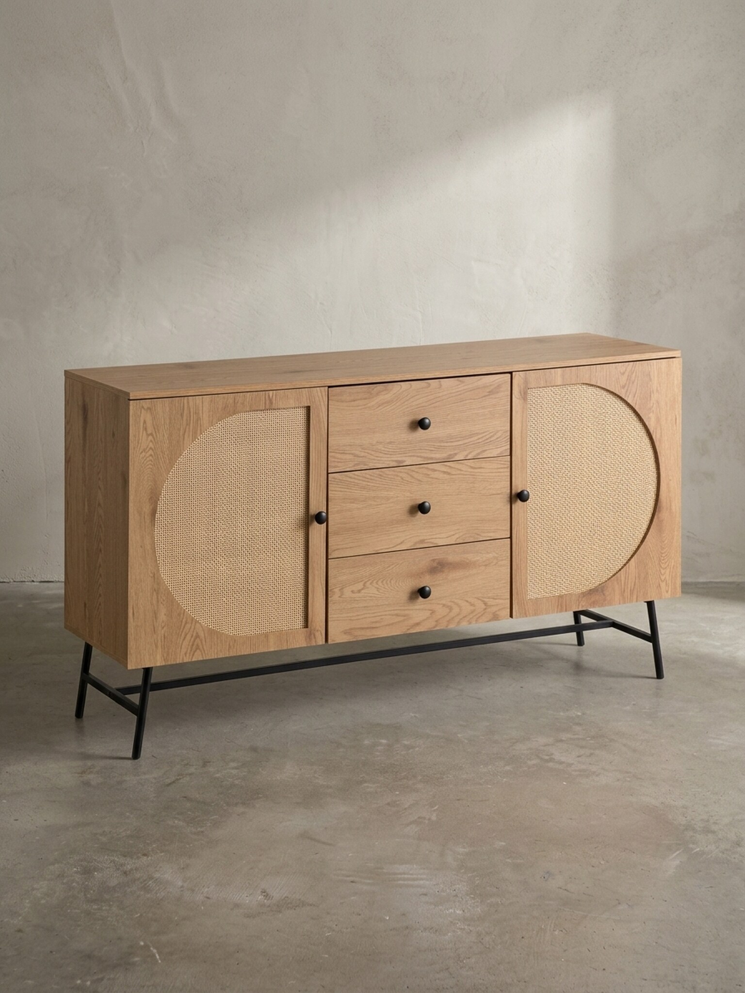 Sideboard &ndash; Eiche-Dekor/Rattan, 140x80x40&nbsp;cm, 2 T&uuml;ren, 3 Schubladen, hoch - Bild 1