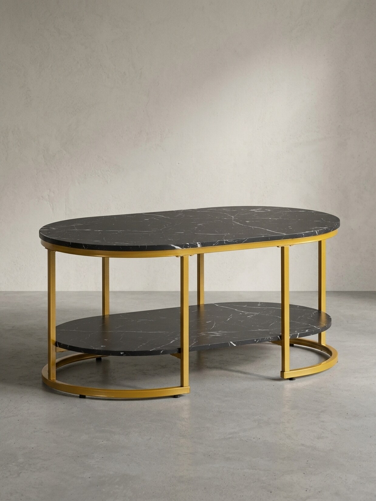 Couchtisch mit Marmor Optik, rechteckig, Ablage, goldenes Metallgestell, Schwarz 100x60x45 cm