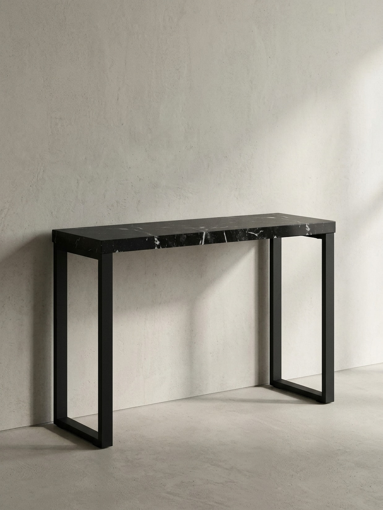 Konsolentisch – Marmoroptik Schwarz, 120x40x76 cm, Hochglanz, Metallbeine