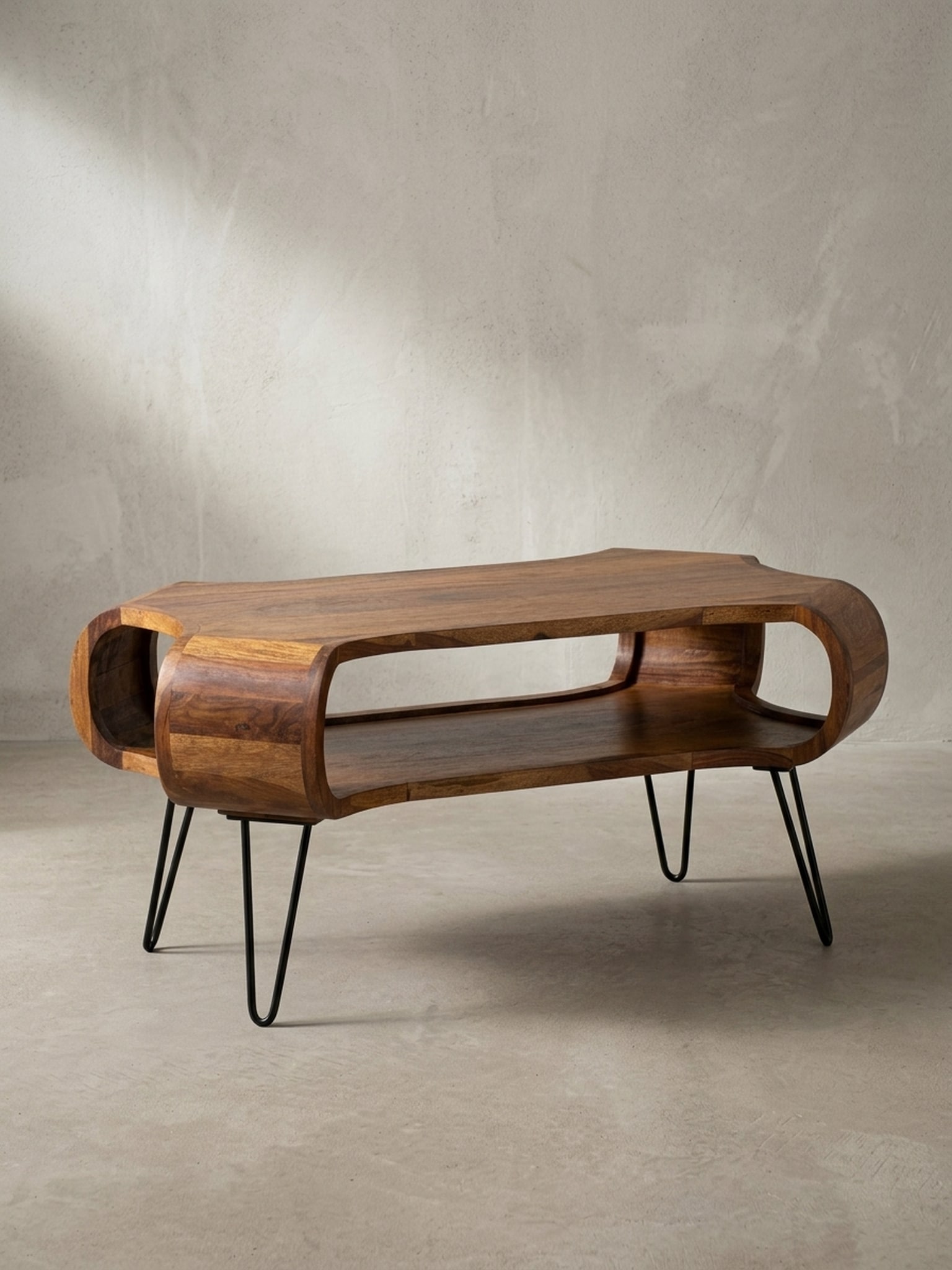 Couchtisch Rechteckig in Massivholz und Metall 100x60x47cm mit Stauraum und Haarnadelbeinen - Bild 1