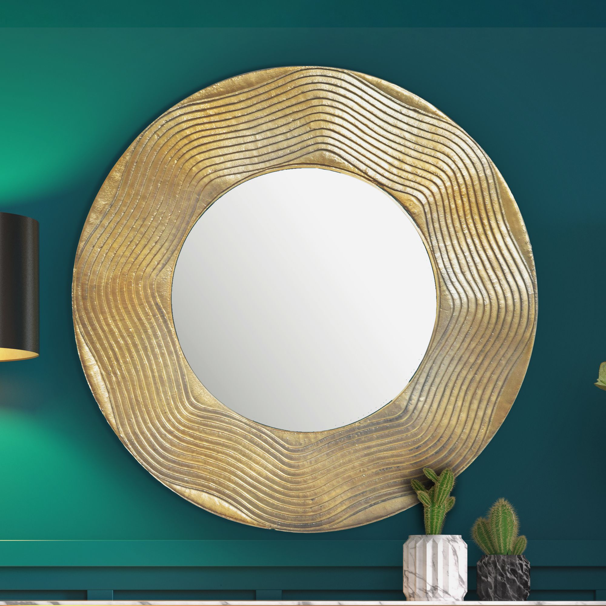 Wandspiegel Rund Metall Gold 74 cm Wellenmuster - Bild 1