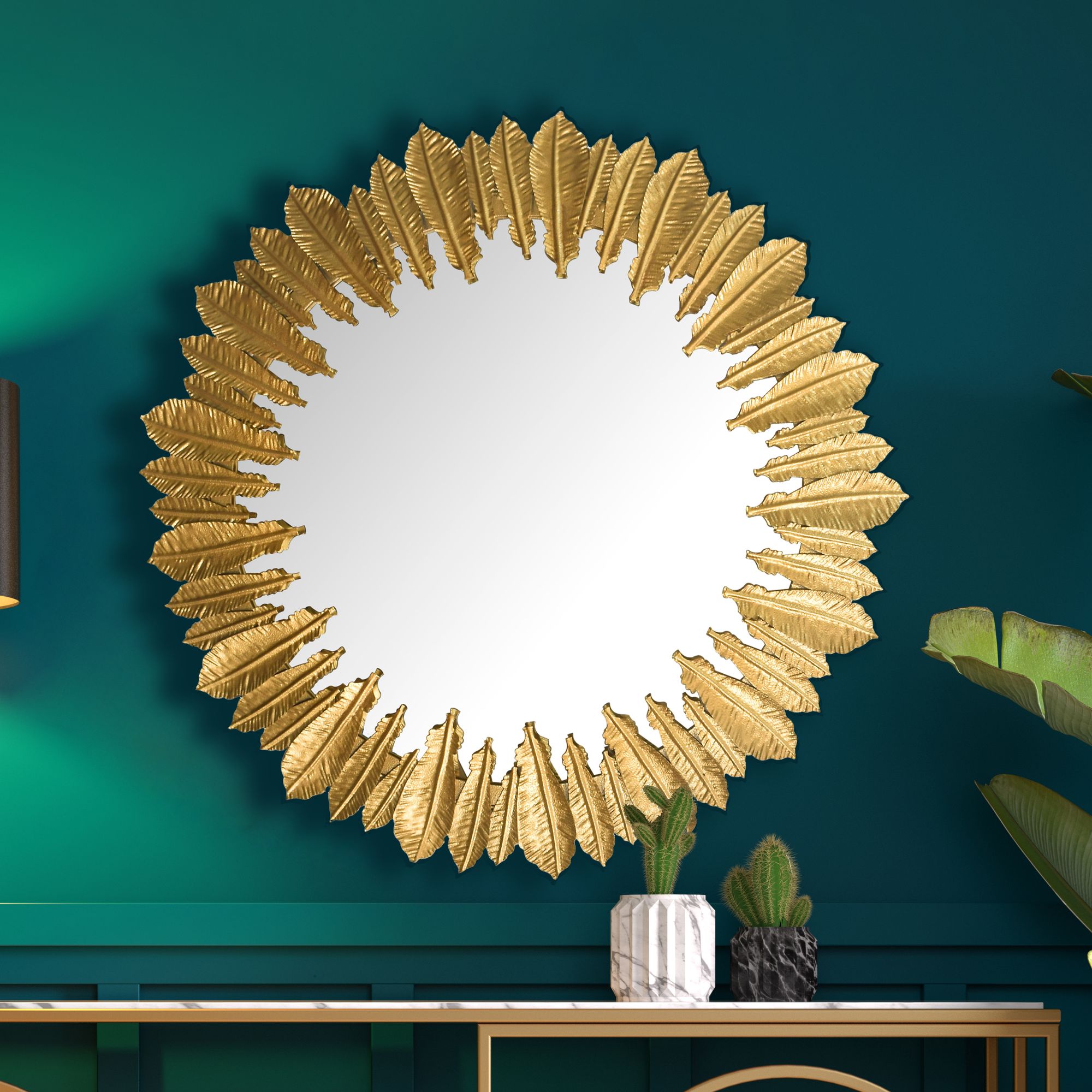 Wandspiegel Rund Metall Gold 68 cm Federn-Design - Bild 1