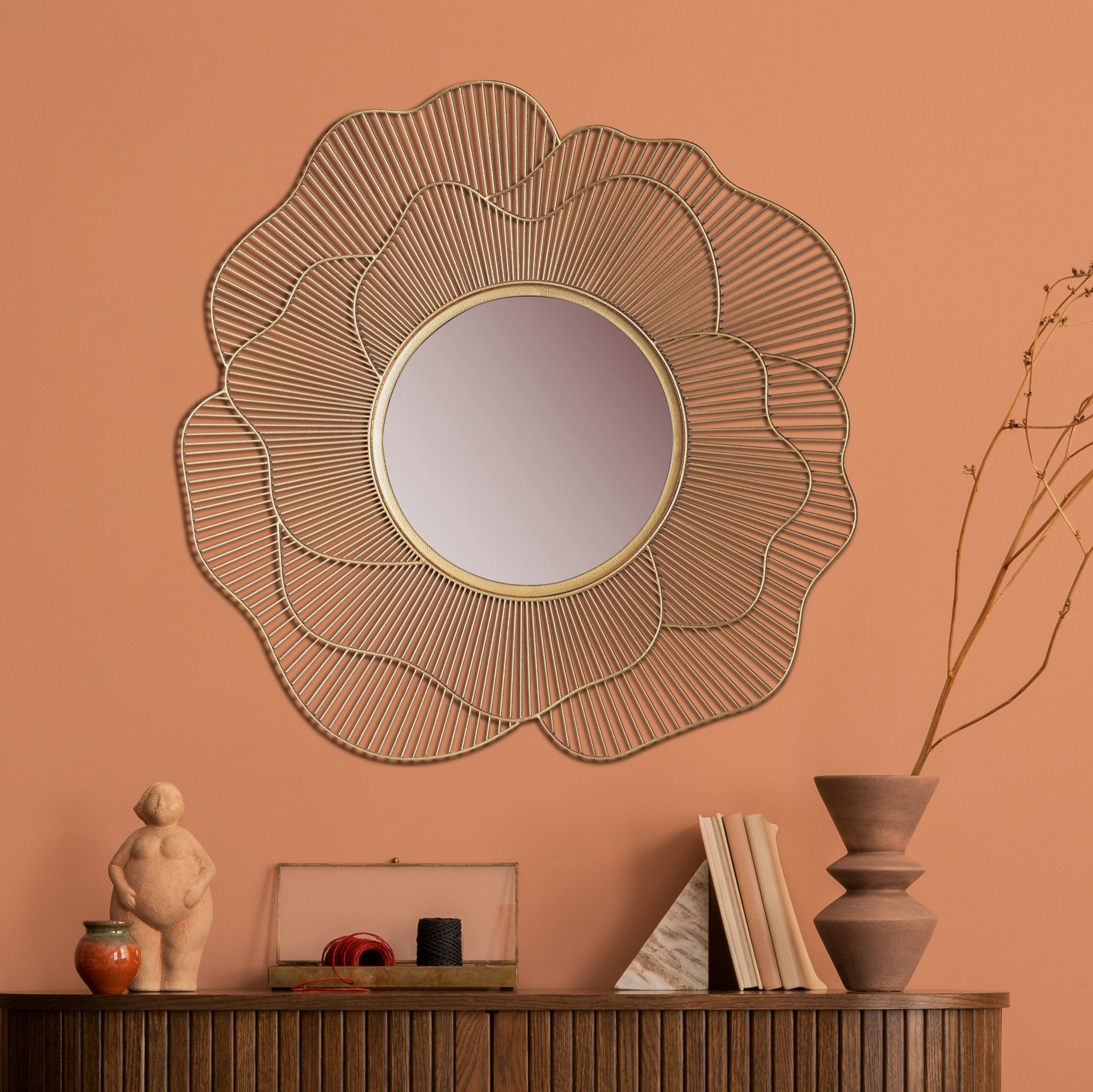 Wandspiegel Rund Metall Gold 77 cm Bl&uuml;tenform - Bild 1