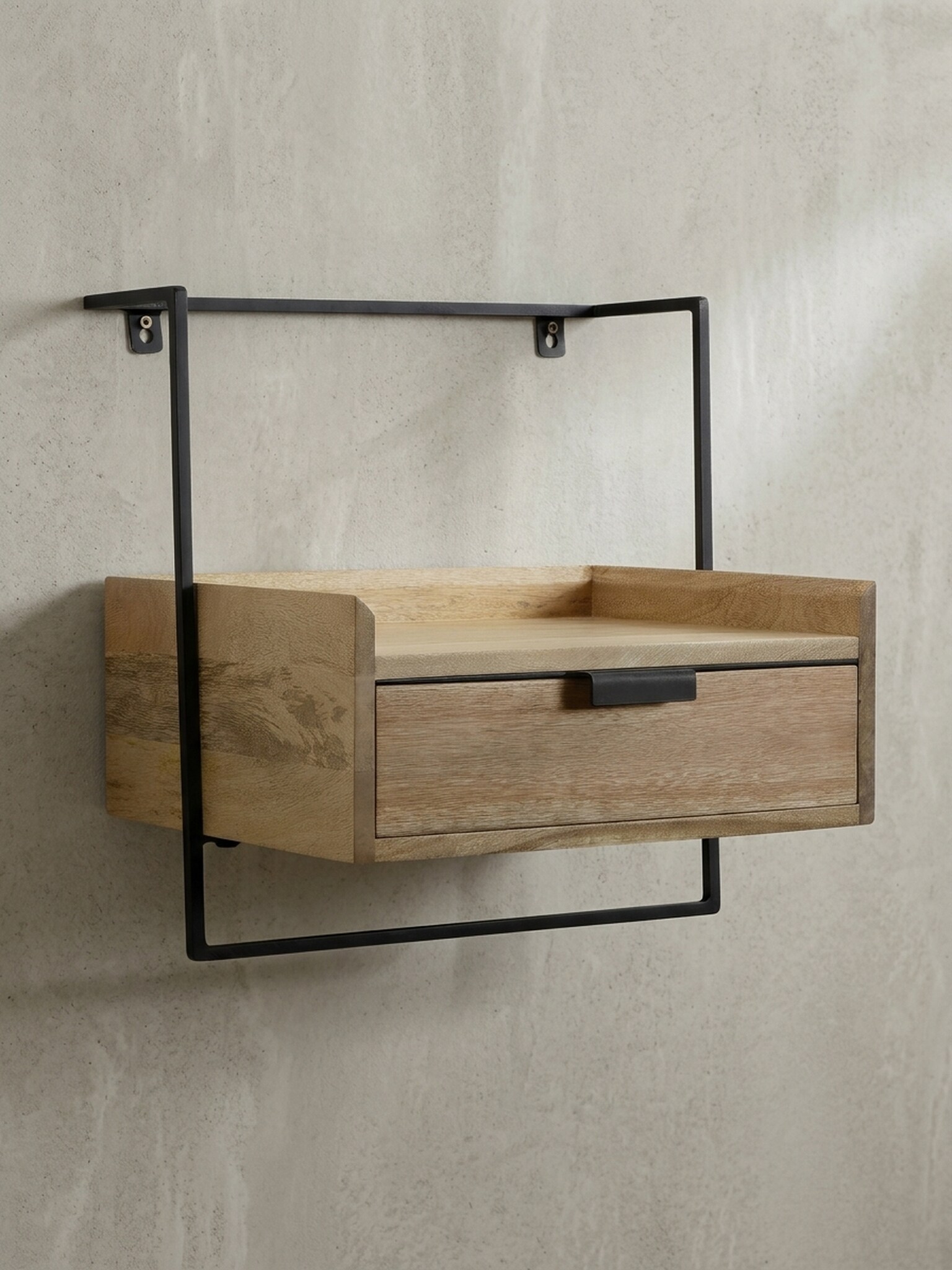 Nachttisch Mango Massivholz Wandmontage Schublade Boxspringbett, Beige 44x35x45 cm - Bild 1