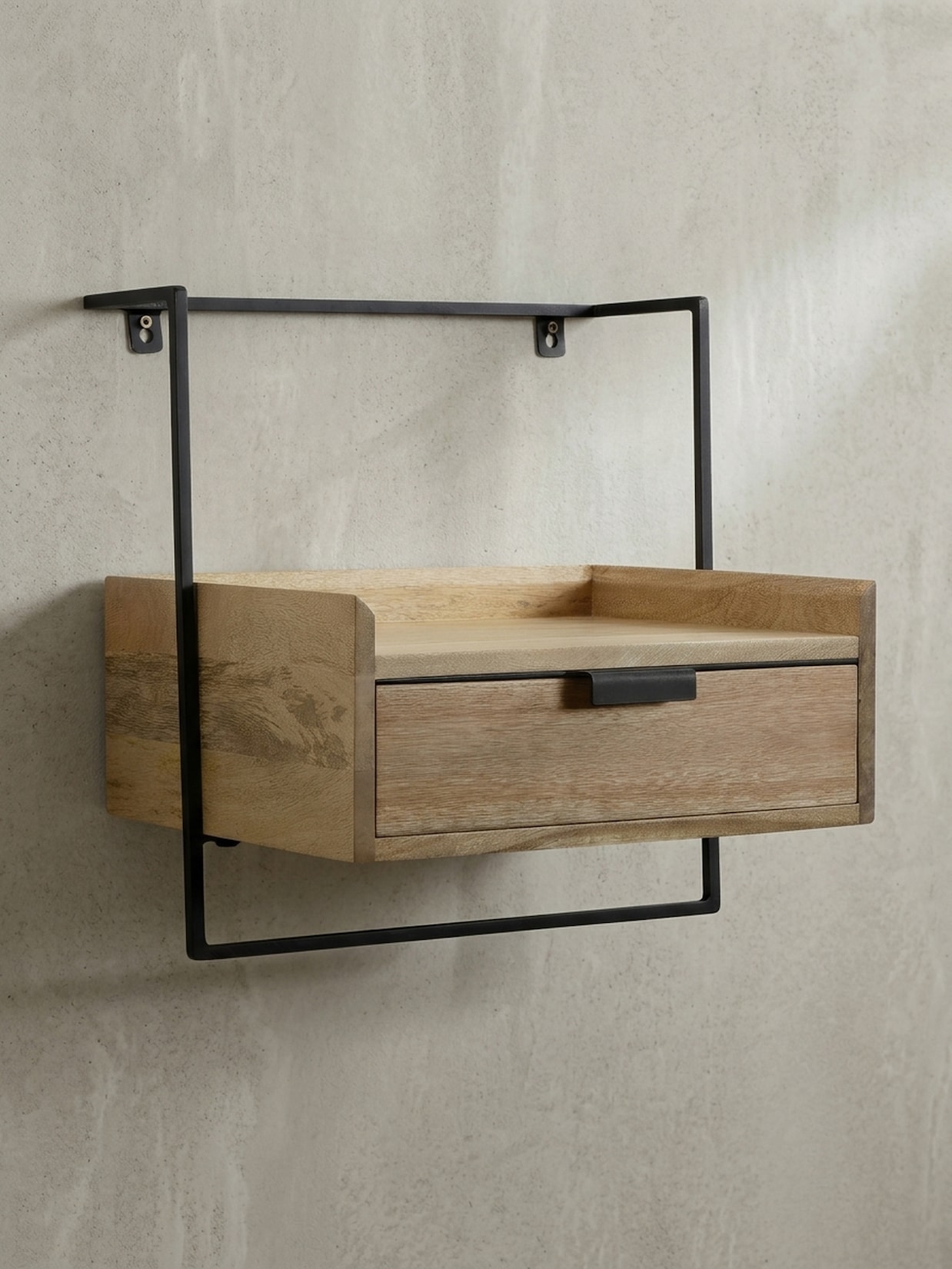 Nachttisch Mango Massivholz Wandmontage Schublade Boxspringbett, Beige 44x35x45 cm