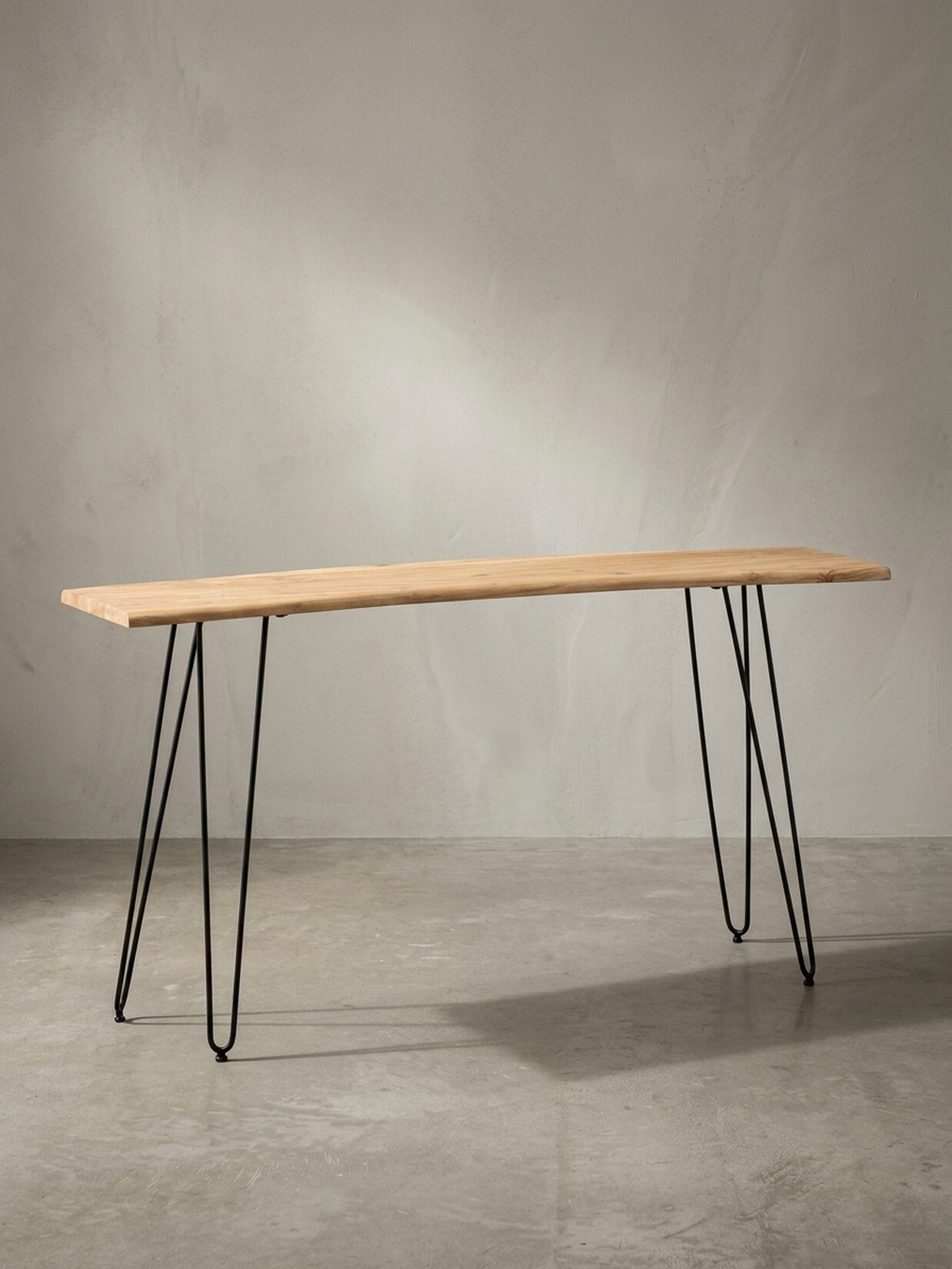 Schreibtisch – Massivholz/Metall, 150x36x75 cm, Baumkante, Haarnadelbeine