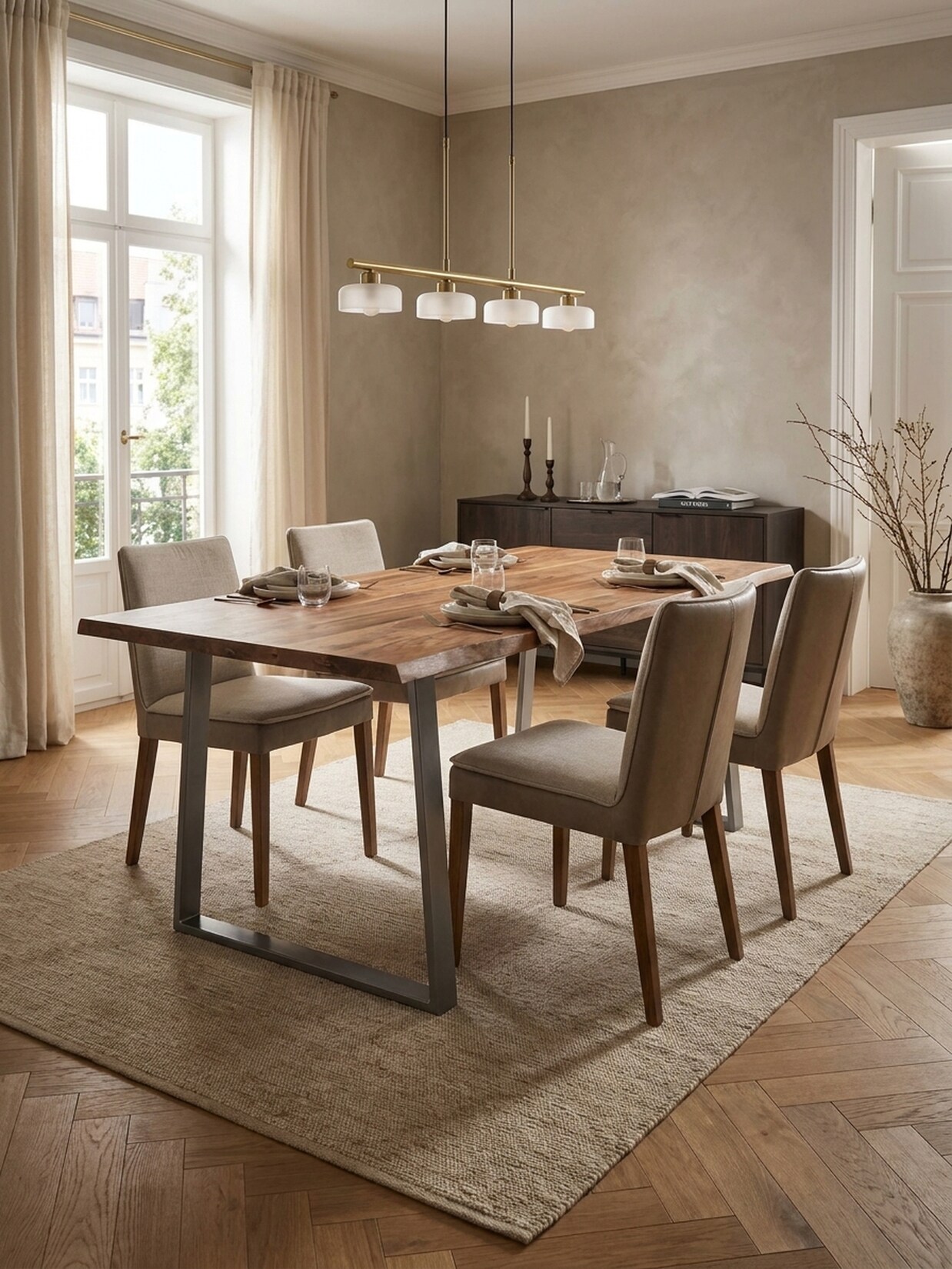 Esstisch Massivholz Metall Trapezgestell Baumkante Rechteckig, Akazie 180x90x76 cm