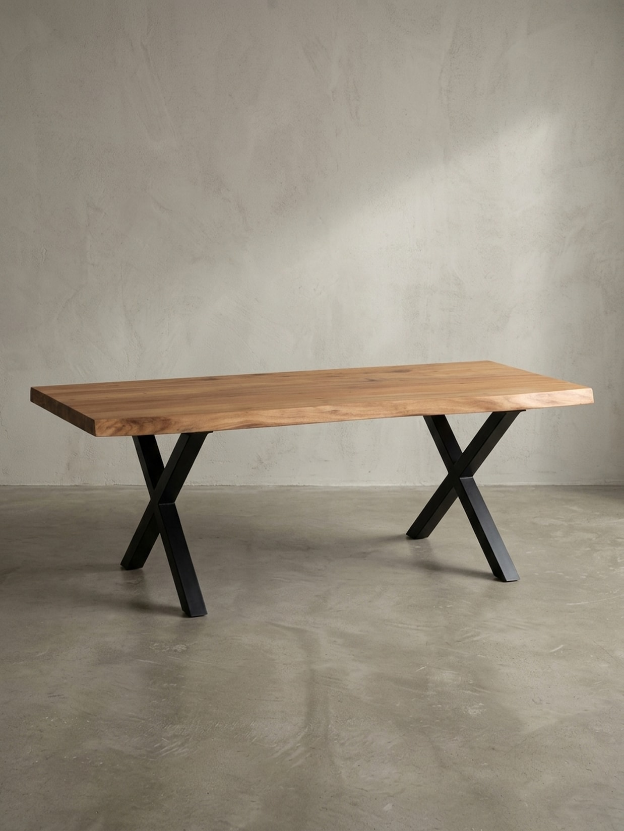 Couchtisch Braun Massivholz Akazie Baumkante 120x60x46cm, Metallbeine X-Form