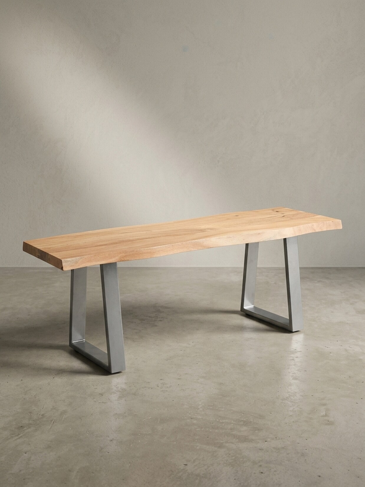 Garderobenbank Massivholz Metall Baumkante, Akazie-Silber 120x40x46 cm