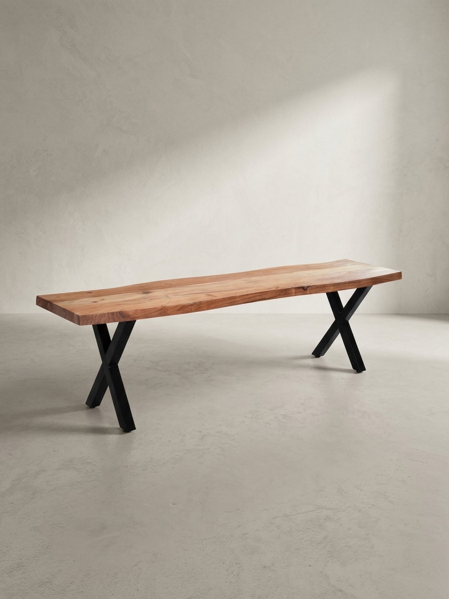 Esszimmerbank Massivholz Metall Baumkante X-Beine, Akazie 120x40x46 cm - Bild 1