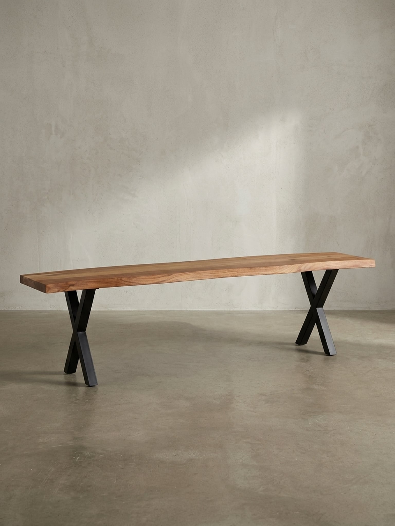 Esszimmerbank Massivholz Metall Baumkante X-Beine, Akazie 140x40x46 cm - Bild 1
