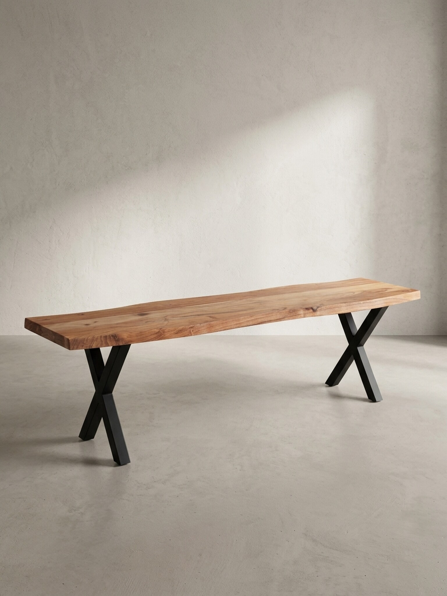 Esszimmerbank Massivholz Metall Baumkante X-Beine, Akazie 160x40x46 cm - Bild 1