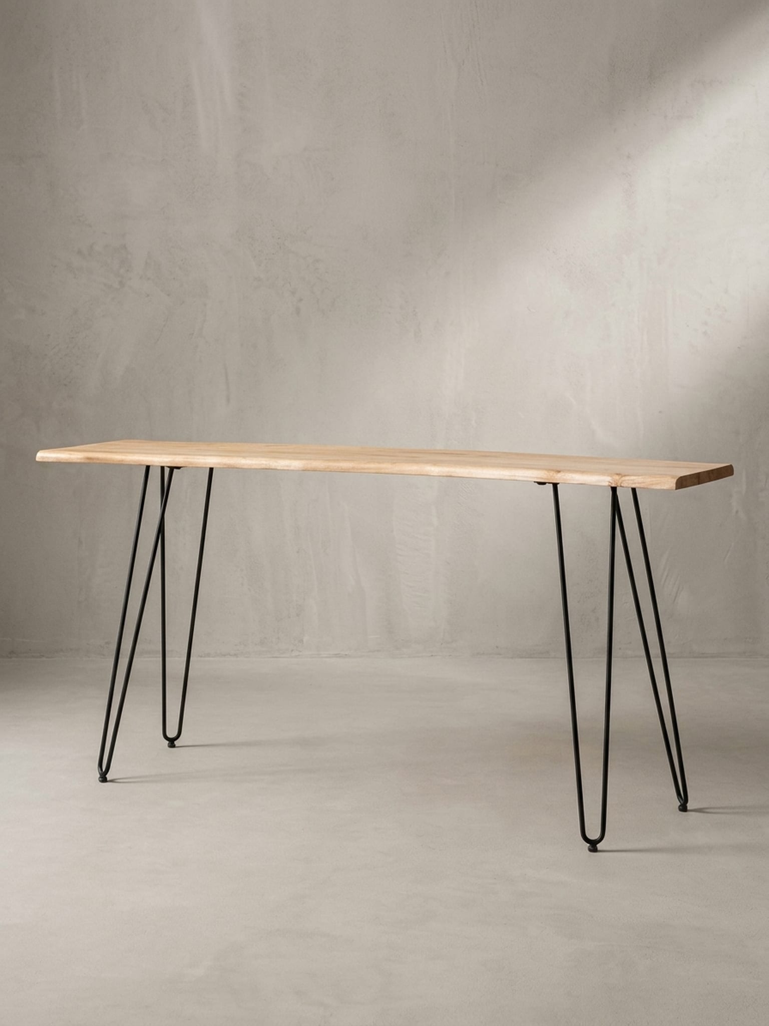 Konsolentisch &ndash; Akazie Massivholz, 150x36x75&nbsp;cm, mit Baumkante, Haarnadelbeine, Metallgestell - Bild 1