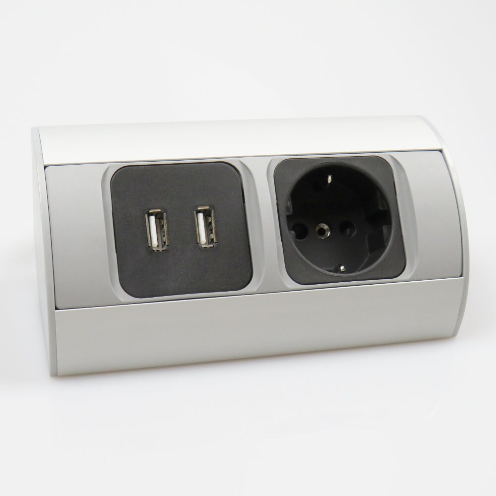 kalb   2-fach Eckteckdosenleiste zur Montage, 1x 230V und 2x USB Steckdosen, Anschlusskabel ohne Stecker, silber/schwarz | 00642147807144