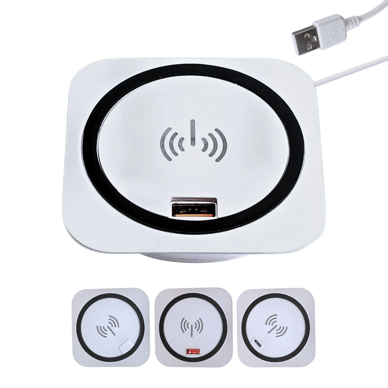 kalb Einbau Schnellladegerät 15W, 7,5cm Ø, kabelloses Laden, 2x USB-Ports, Induktionsladegerät, weiß