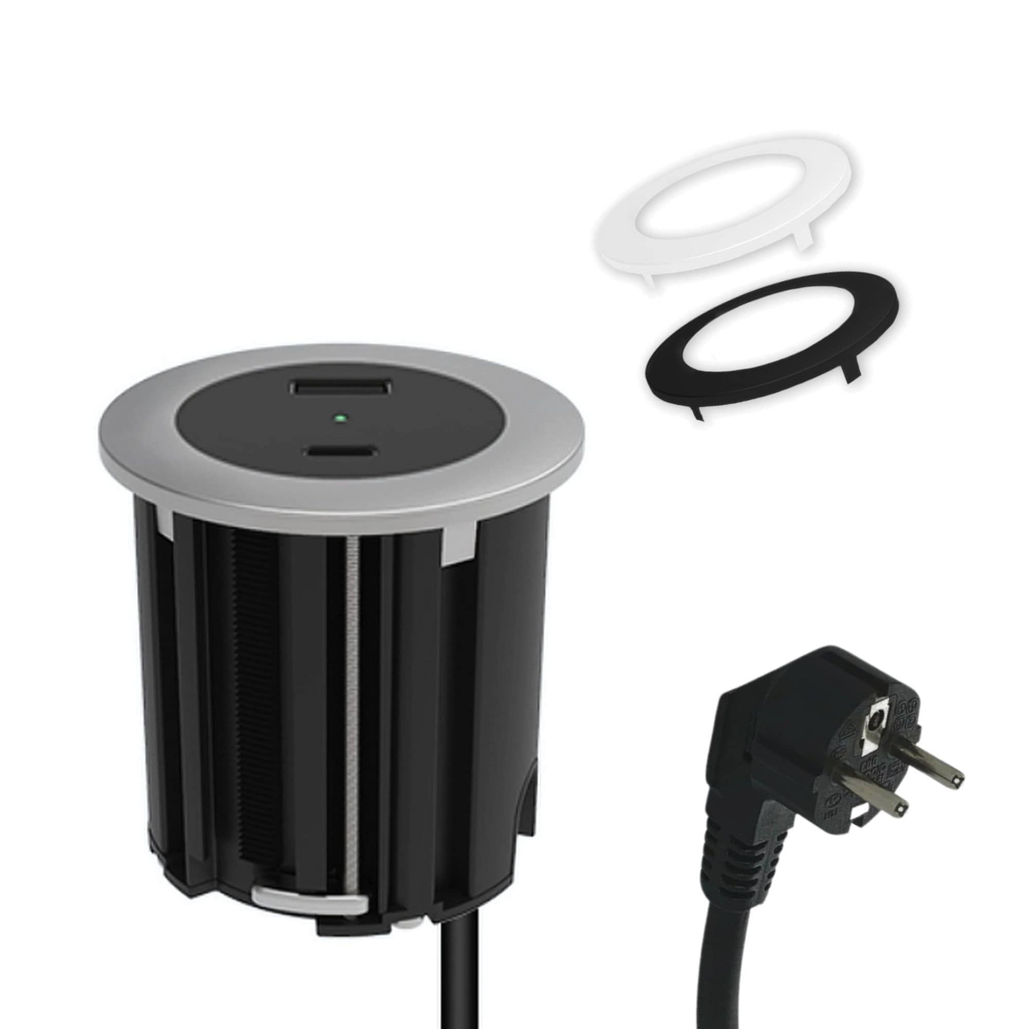 kalb | USB Einbausteckdose mit 2 USB-Anschl&uuml;ssen, 54mm rund f&uuml;r Montage in und an M&ouml;beln / Platten, mit EU-Stecker, inkl. farbiger Blenden - Bild 1