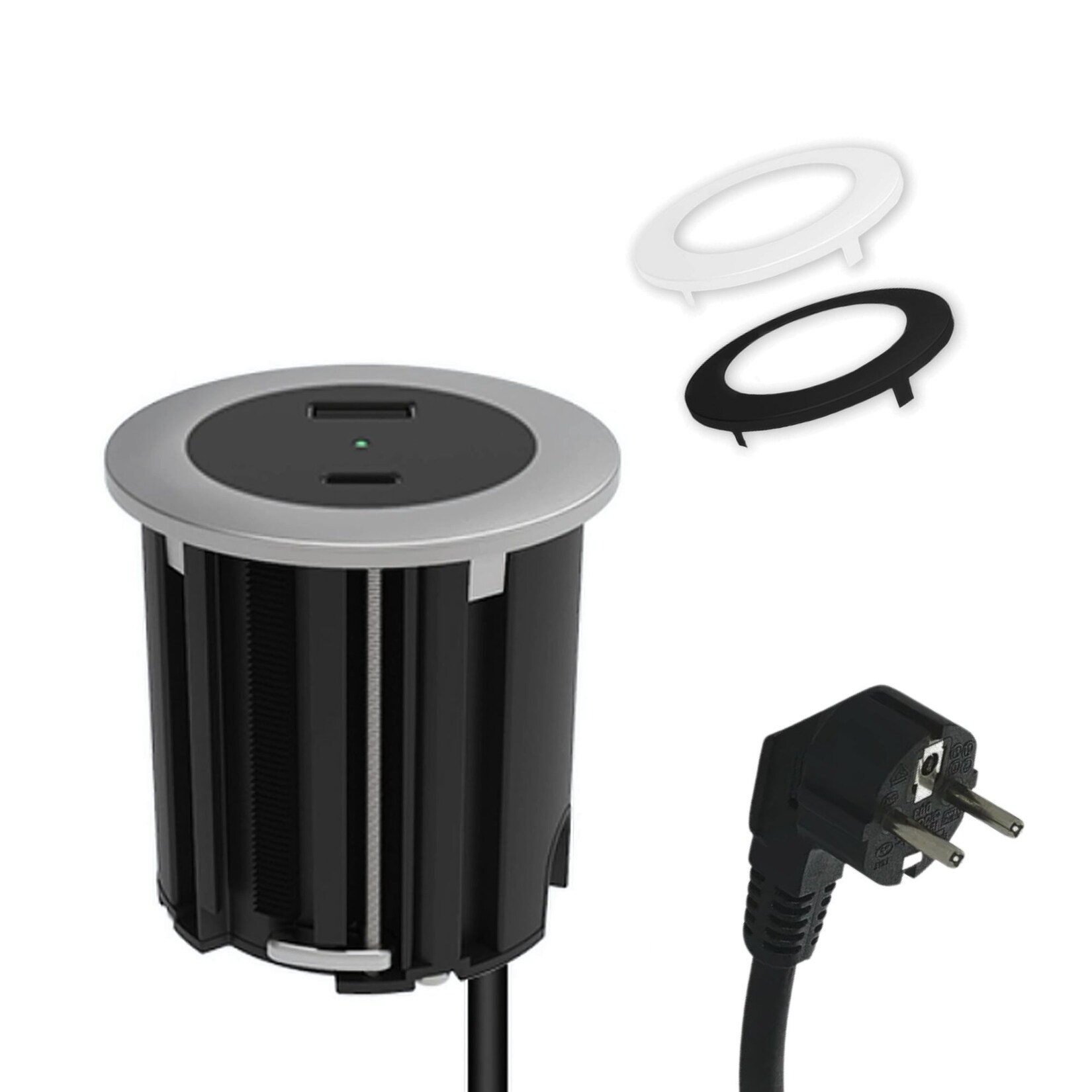 kalb   USB Einbausteckdose mit 2 USB-Anschlüssen, 54mm rund für Montage in und an Möbeln / Platten, mit EU-Stecker, inkl. farbiger Blenden | 04260642312978