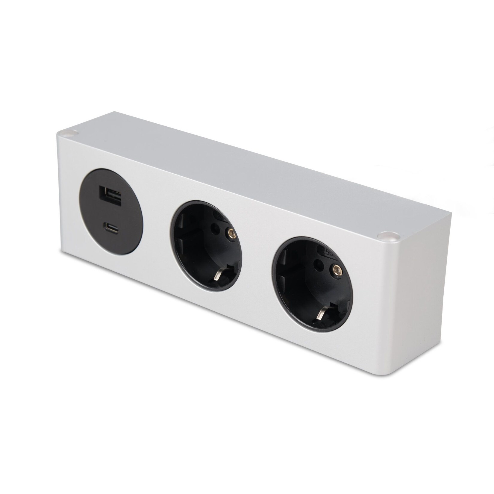 kalb 3-fach Steckdosenleiste zur Montage, 2x 230V und 2x USB Steckdosen, 200x46x62.5 mm, Anschlusskabel mit Stecker, silber