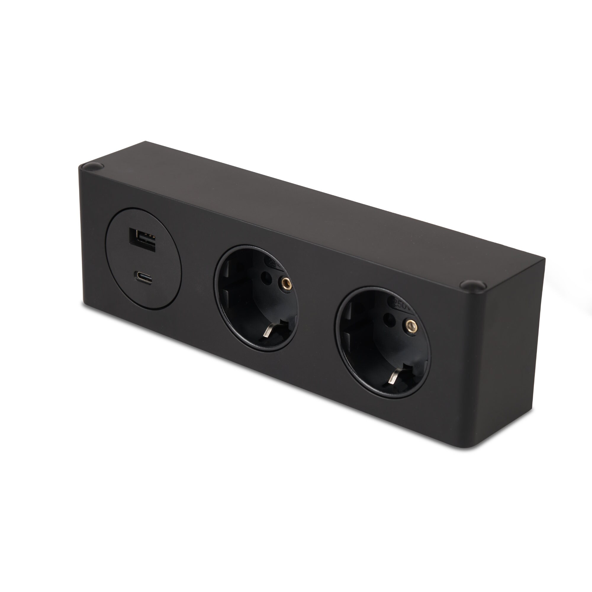 kalb | 3-fach Steckdosenleiste zur Montage, 2x 230V und 2x USB Steckdosen, 200x46x62.5 mm, Anschlusskabel mit Stecker, schwarz - Bild 1