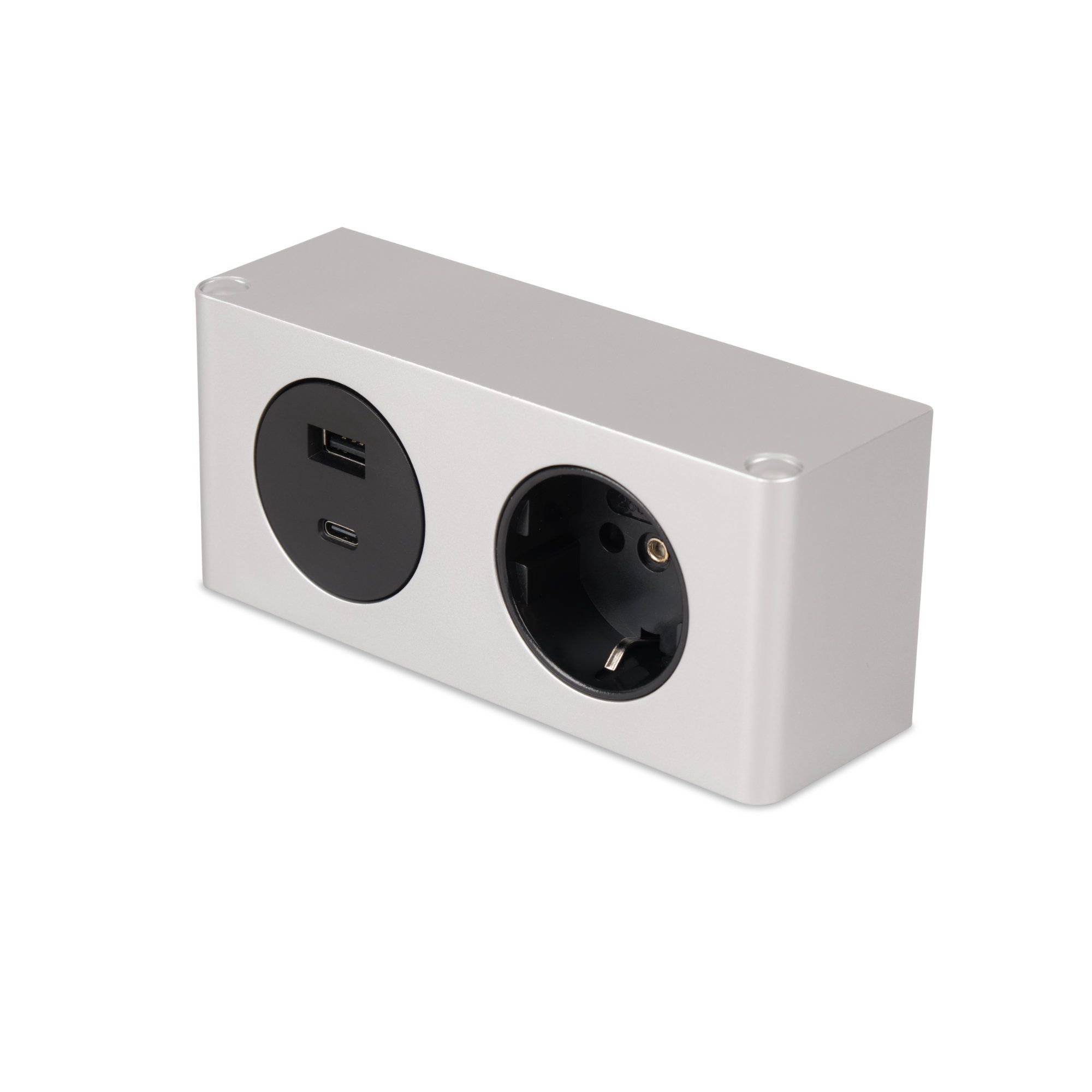 kalb | 2-fach Steckdosenleiste zur Montage, 1x 230V und 2x USB Steckdosen, 140x46x62.5 mm, Anschlusskabel mit Stecker, silber - Bild 1