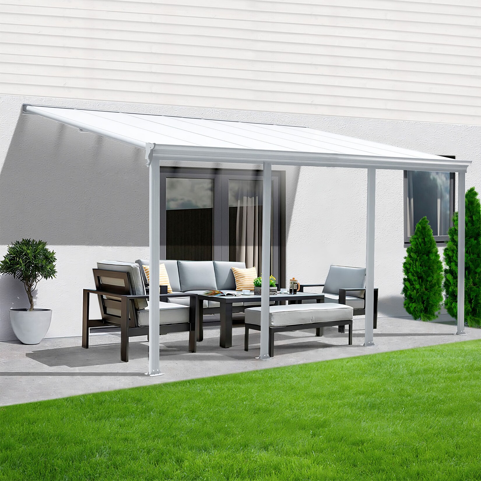 Terrassenüberdachung Aluminium 618 cm als Bausatz Sichtschienen und Hohlkammerplatten Weiß | 00729389813475