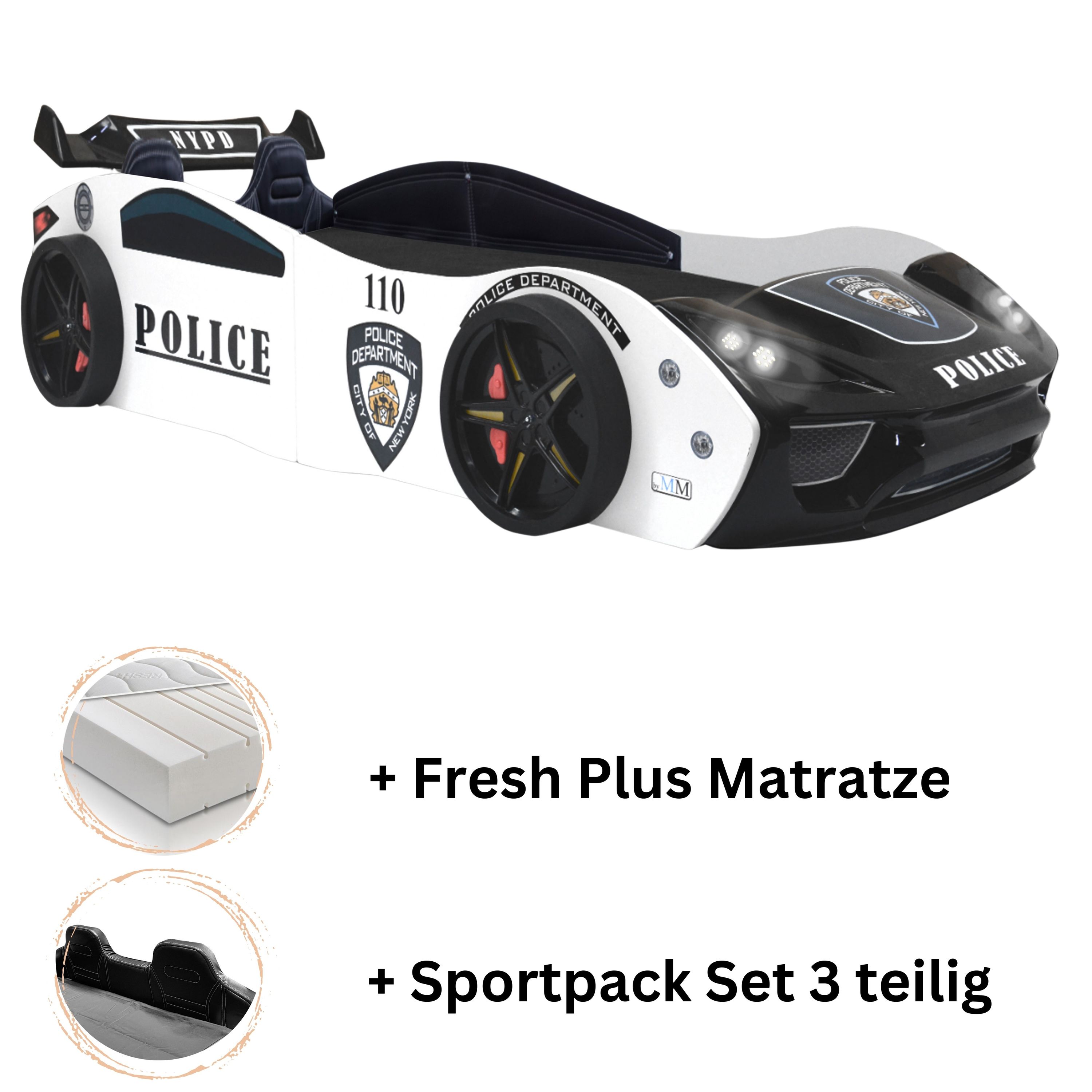 Autobett "Police" + Sportsitze Spielbett f&uuml;r Kinder 90x200 inkl. Lattenrost und Fresh Plus Matratze - Bild 1