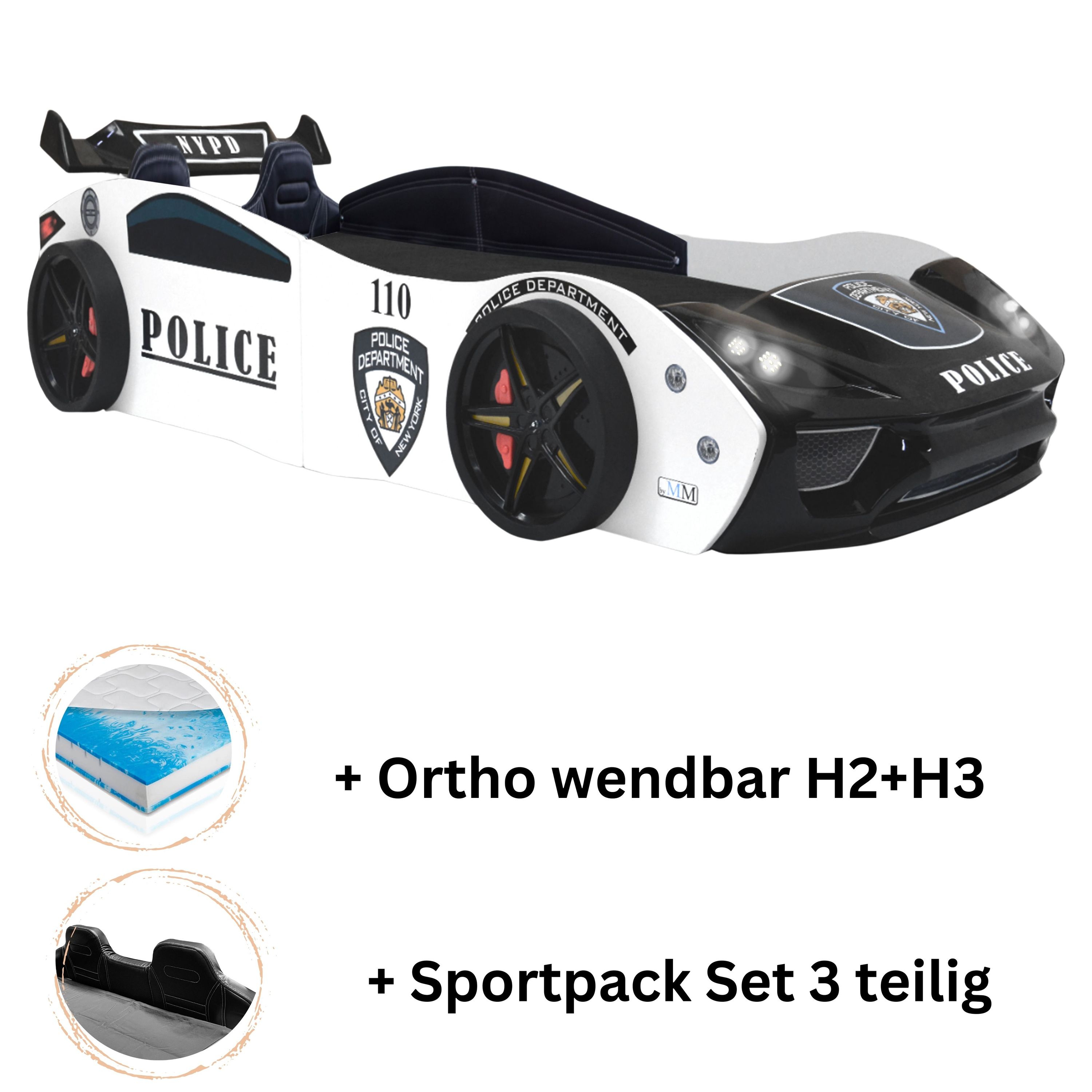 Autobett "Police" + Sportsitze Spielbett f&uuml;r Kinder 90x200 inkl. Lattenrost und Ortho wendbar H2+H3 Matratze - Bild 1